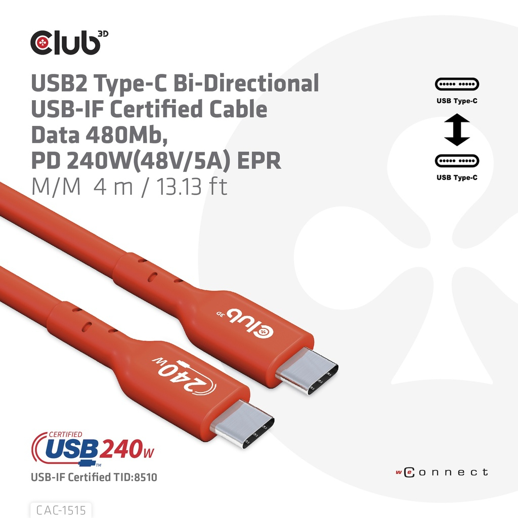 Club 3D USB-Kabel - 24 pin USB-C (M) zu 24 pin USB-C (M) - USB 2.0 - 48 V - 5 A - 4 m - bi-direktional - bis zu 240 W, Ansicht 3