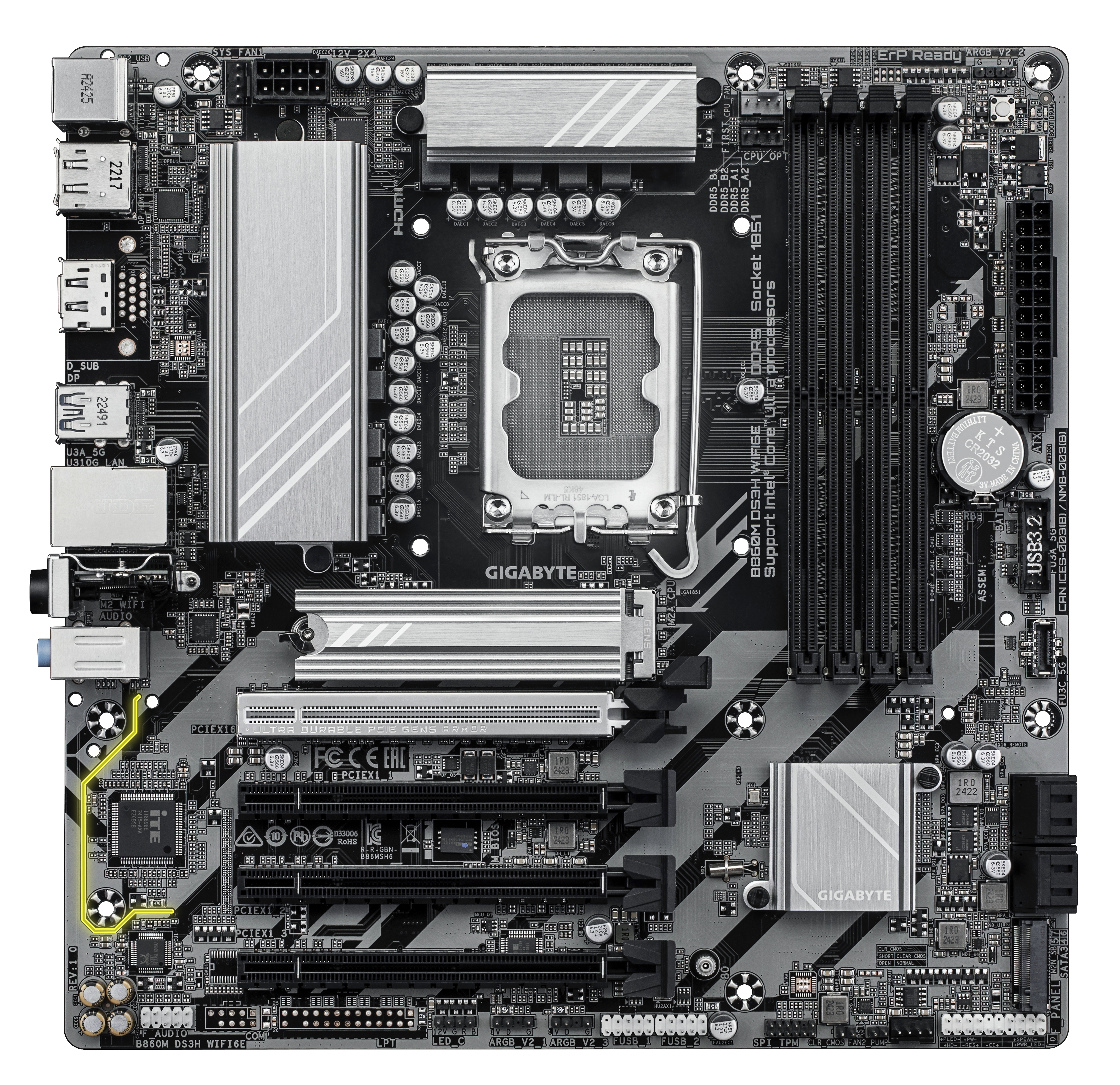 Gigabyte B860M DS3H WIFI6E - Motherboard - ATX - LGA1851-Sockel - AMD B850 Chipsatz - Onboard-Grafik (CPU erforderlich), Ansicht 2