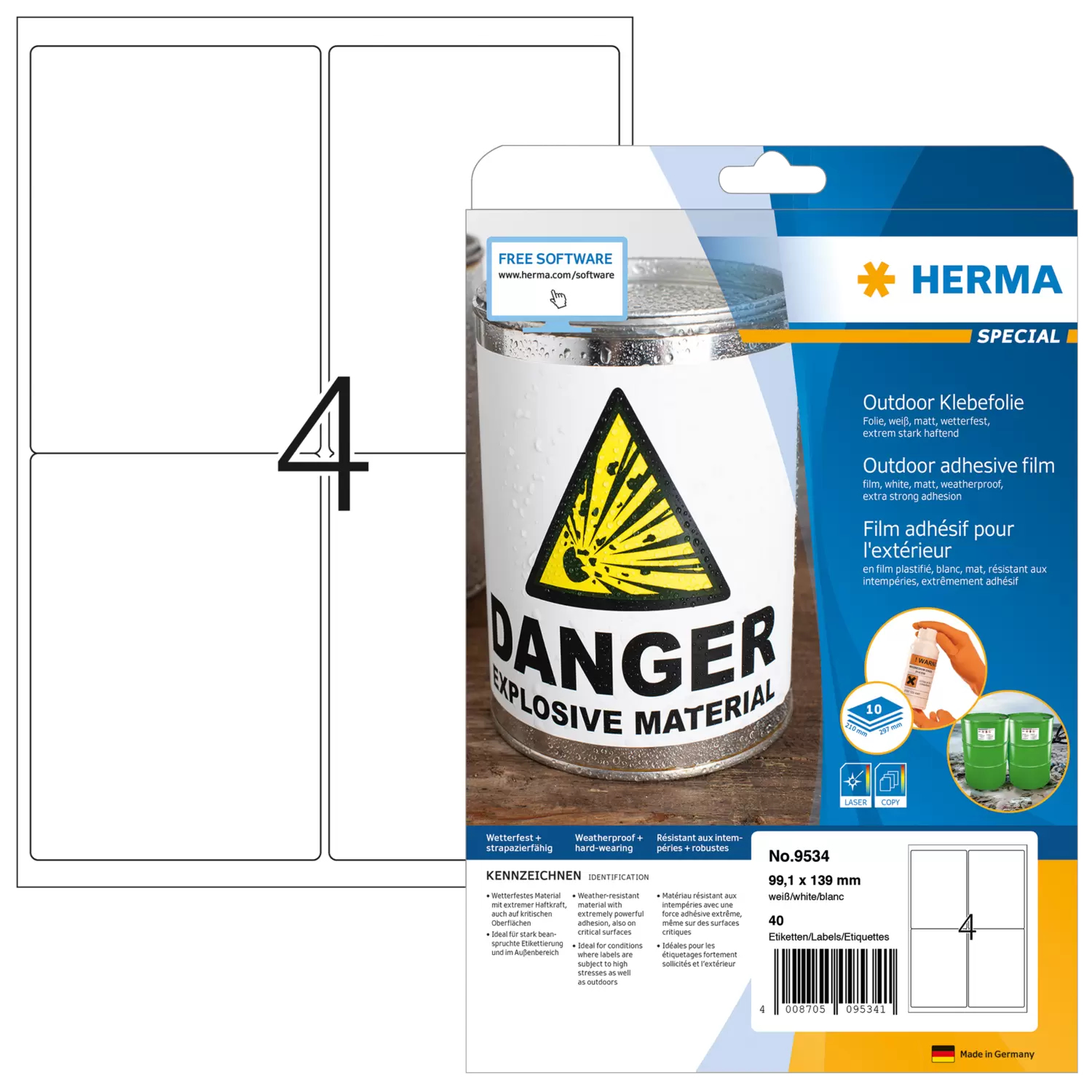 HERMA Special - Polyethylen (PE) - matt - selbstklebend - weiß - 99.1 x 139 mm 40 Etikett(en) (10 Bogen x 4), Ansicht 4