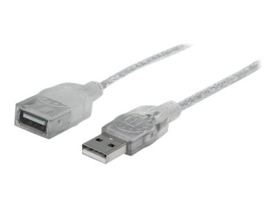 Manhattan USB-A to USB-A Extension Cable, 1.8m, Male to Female, 480 Mbps (USB 2.0), Hi-Speed USB, Translucent Silver, Lifetime Warranty, Polybag - USB-Verlängerungskabel - USB (M) zu USB (W) - USB 2.0 - 1.8 m - geformt
