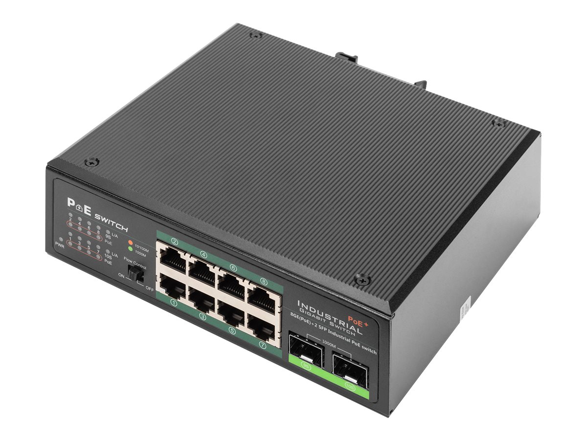 DIGITUS DN-651110 - Switch - unmanaged - 8 x 10/100/1000 (PoE+) + 2 x Gigabit SFP (Uplink) - an DIN-Schiene montierbar - PoE+