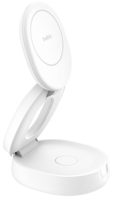 Belkin BoostCharge - Kabelloses Ladegerät - 2-in-1, Qi2, magnetisch, faltbar + AC-Netzteil - Weiß, Ansicht 4