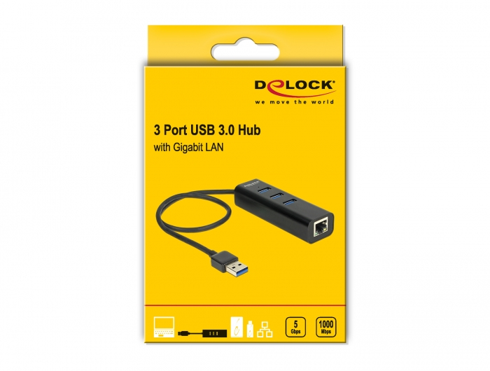 Delock USB 3.0 Hub 3 Port + 1 Port Gigabit LAN 10/100/1000 Mb/s, Ansicht 2
