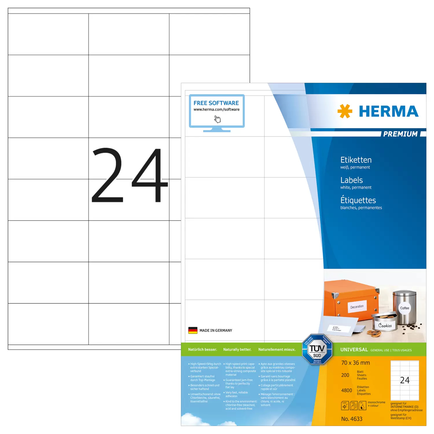 HERMA Premium - Papier - matt - permanent selbstklebend - weiß - 70 x 36 mm 4800 Etikett(en) (200 Bogen x 24), Ansicht 4