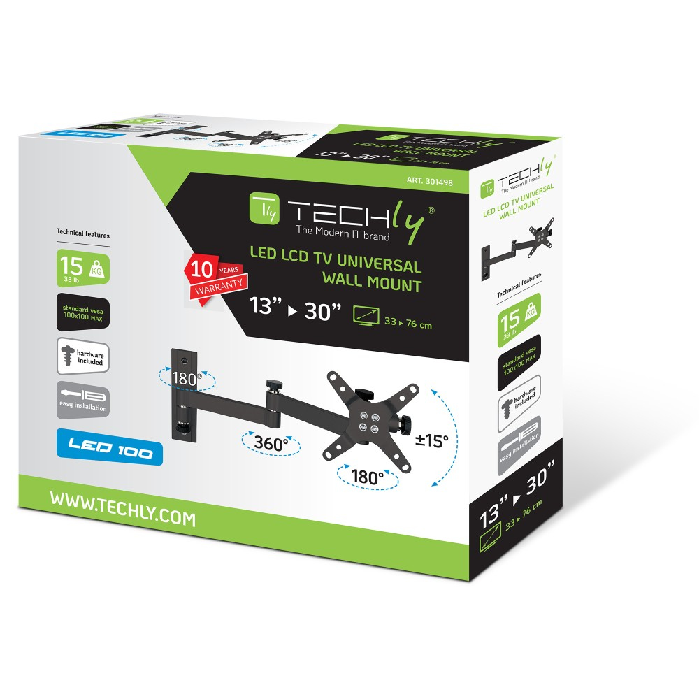 Techly LED 100 - Befestigungskit (Schwenkarm-Wandhalterung) für LCD TV - Schwarz - Bildschirmgröße: 33-76.2 cm (13-30), Ansicht 2