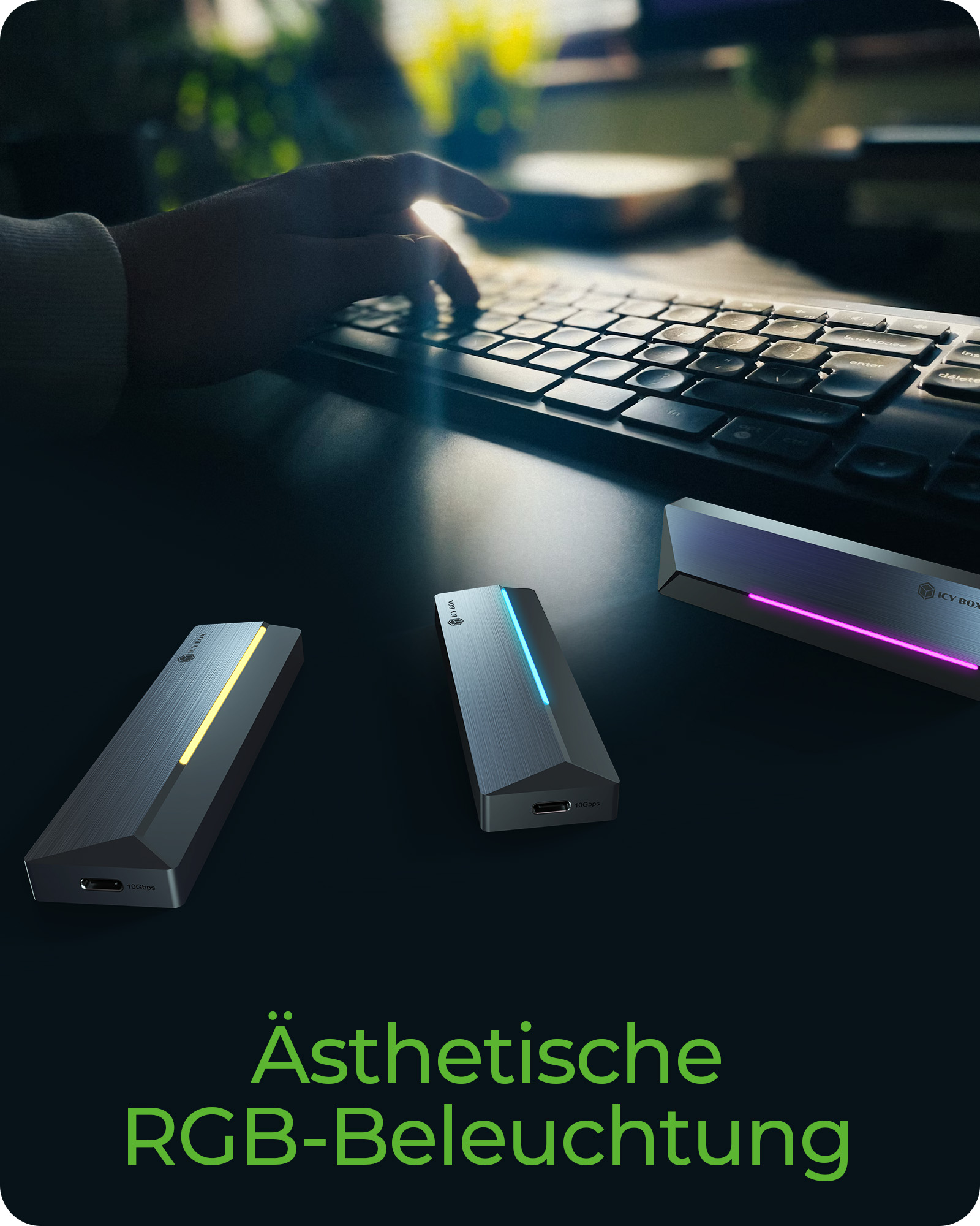 ICY BOX Gehäuse extern M.2 NVMe Ssd RGB 10Gbps USB3.2 Gen2 Type-C Host - - Usb 3 - Gehäuse - USB 3.0, Ansicht 3