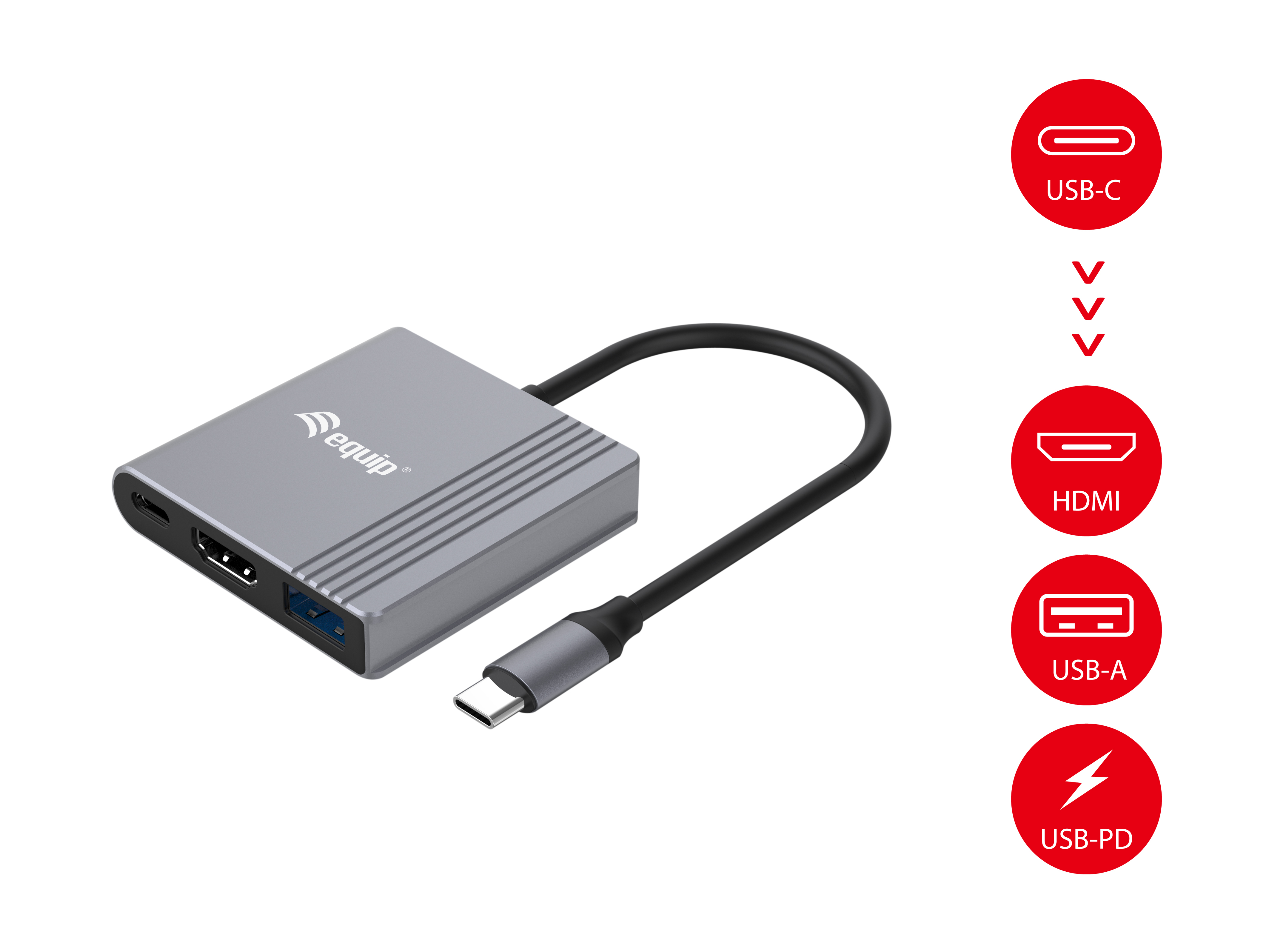 Equip 3-in-1-USB-C-zu-HDMI-/USB-A-/USB-PD-Adapter - 3.2 Gen 1 (3.1 Gen 1) - USB Typ-C - HDMI-Ausgang - 3840 x 2160 Pixel, Ansicht 2