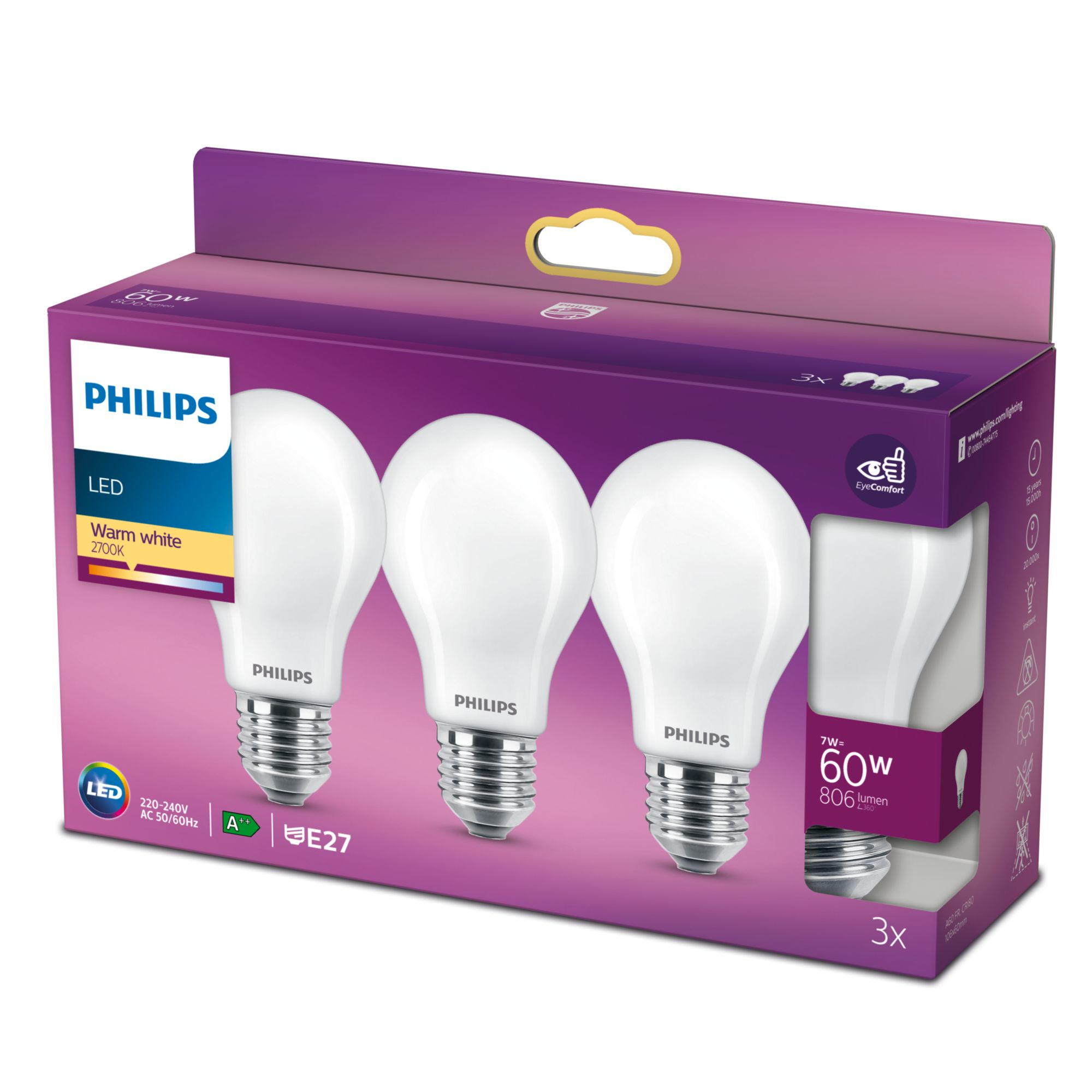 Philips LED-Lampe - Form: A60 - matt Finish - E27 - 7 W (Entsprechung 60 W) - 3 Stück(e), Ansicht 2