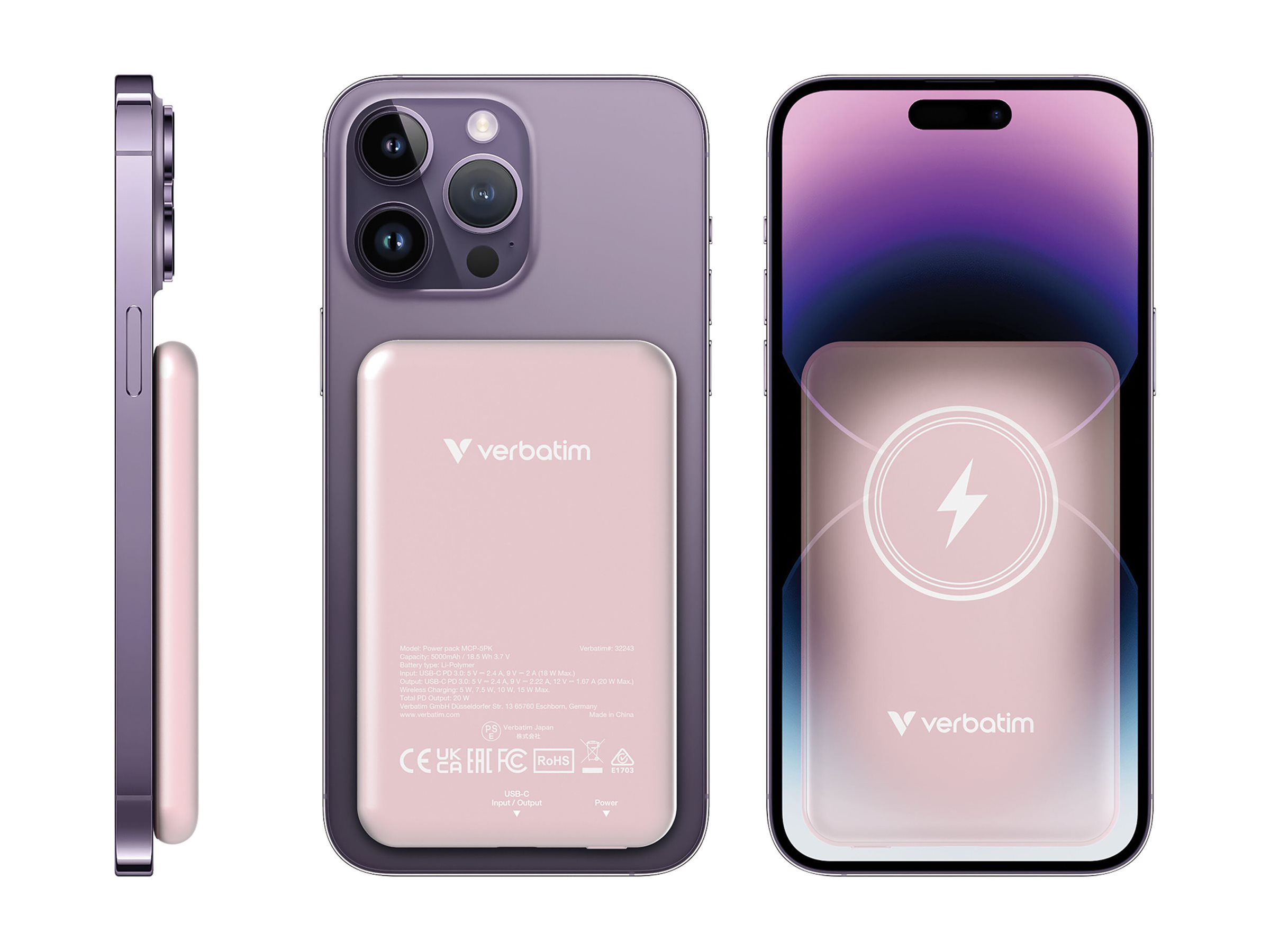 Verbatim Charge 'n' Go - Induktive Power Bank - Magnethalterung - Li-Pol - 5000 mAh - 20 Watt - 2.4 A, Ansicht 3