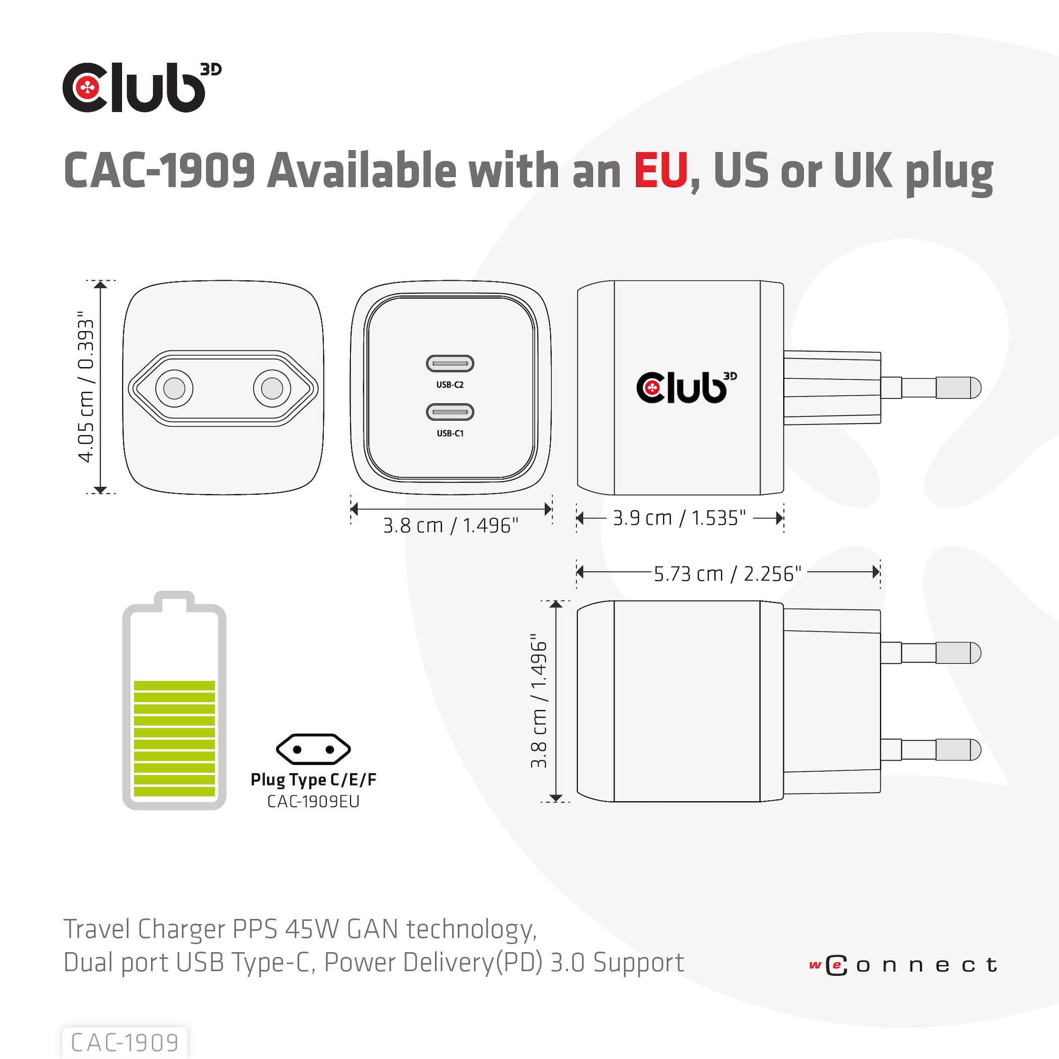 Club 3D CAC-1909 - Netzteil - PPS- und GaN-Technologie - 45 Watt - 3 A - PD 3.0 - 2 Ausgabeanschlussstellen (2 x USB-C), Ansicht 4