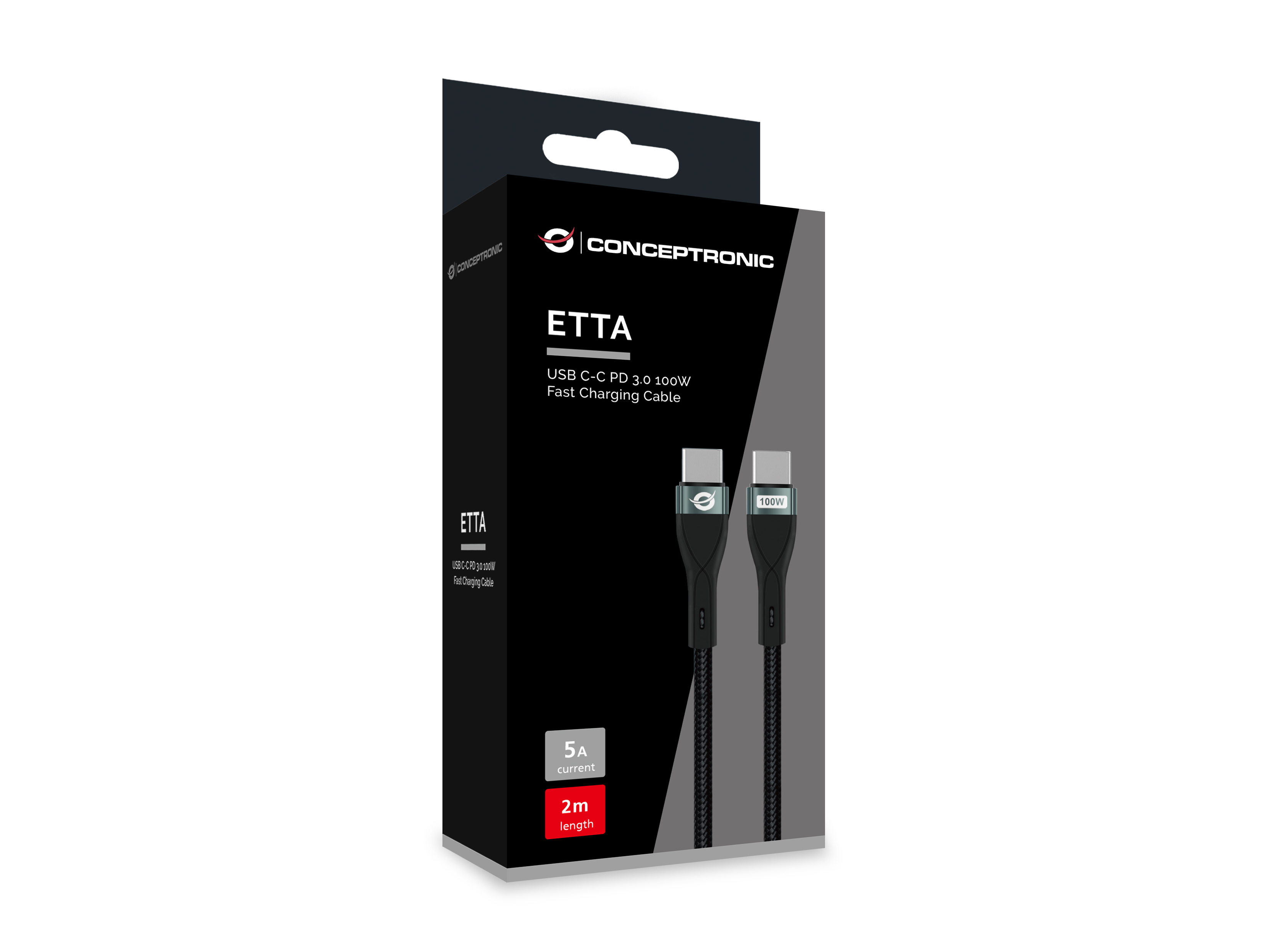 Conceptronic ETTA01B20 USB C-C PD 3.0 100W Schnellladekabel, 2m, 20V 5A, 480Mbps, E-Mark, 2 m, USB C, USB C, USB 2.0, Ansicht 3