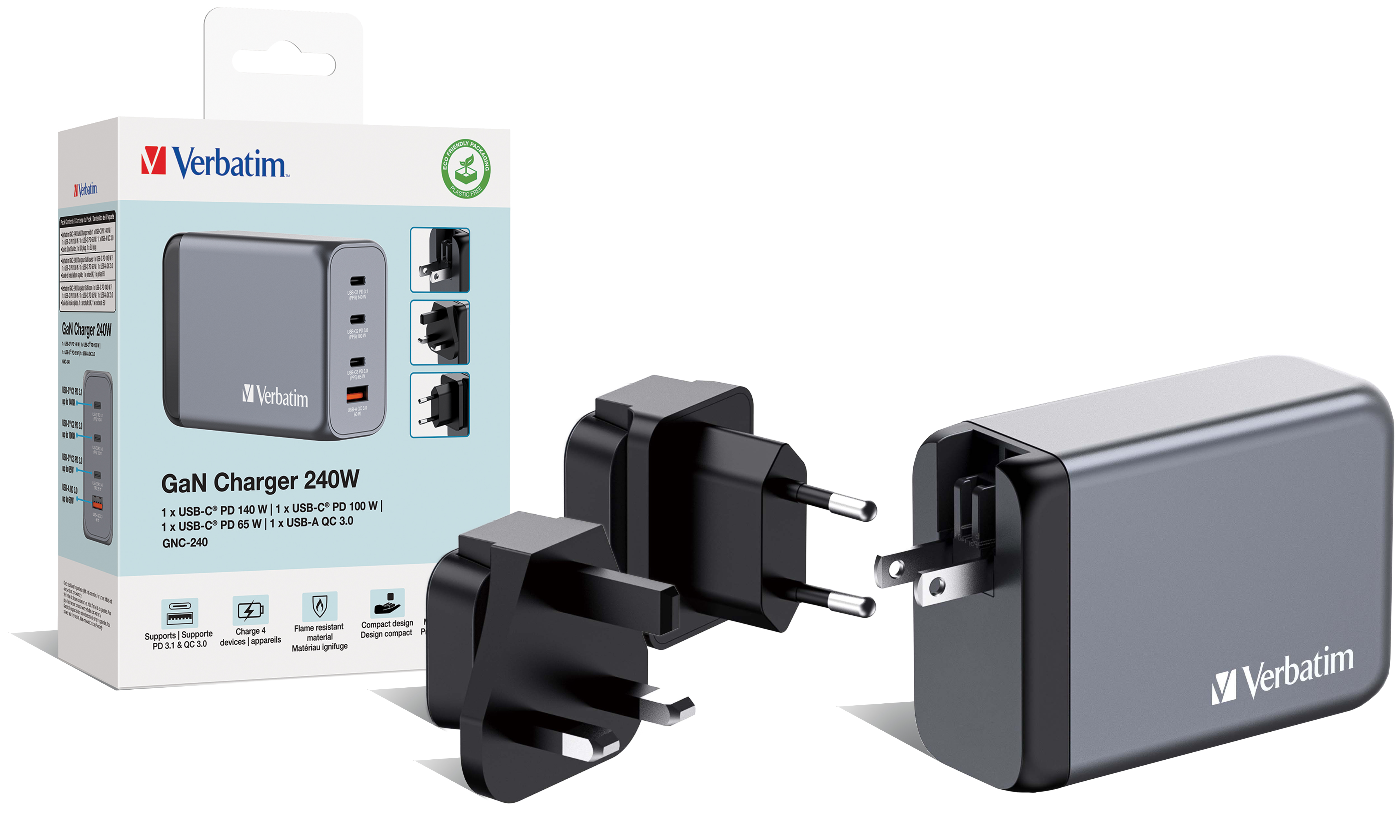 Verbatim Netzteil - GaN - 240 Watt - 5 A - PD 3.0, QC 3.0, Power Delivery 3.1, PD/PPS - 4 Ausgabeanschlussstellen, Ansicht 2