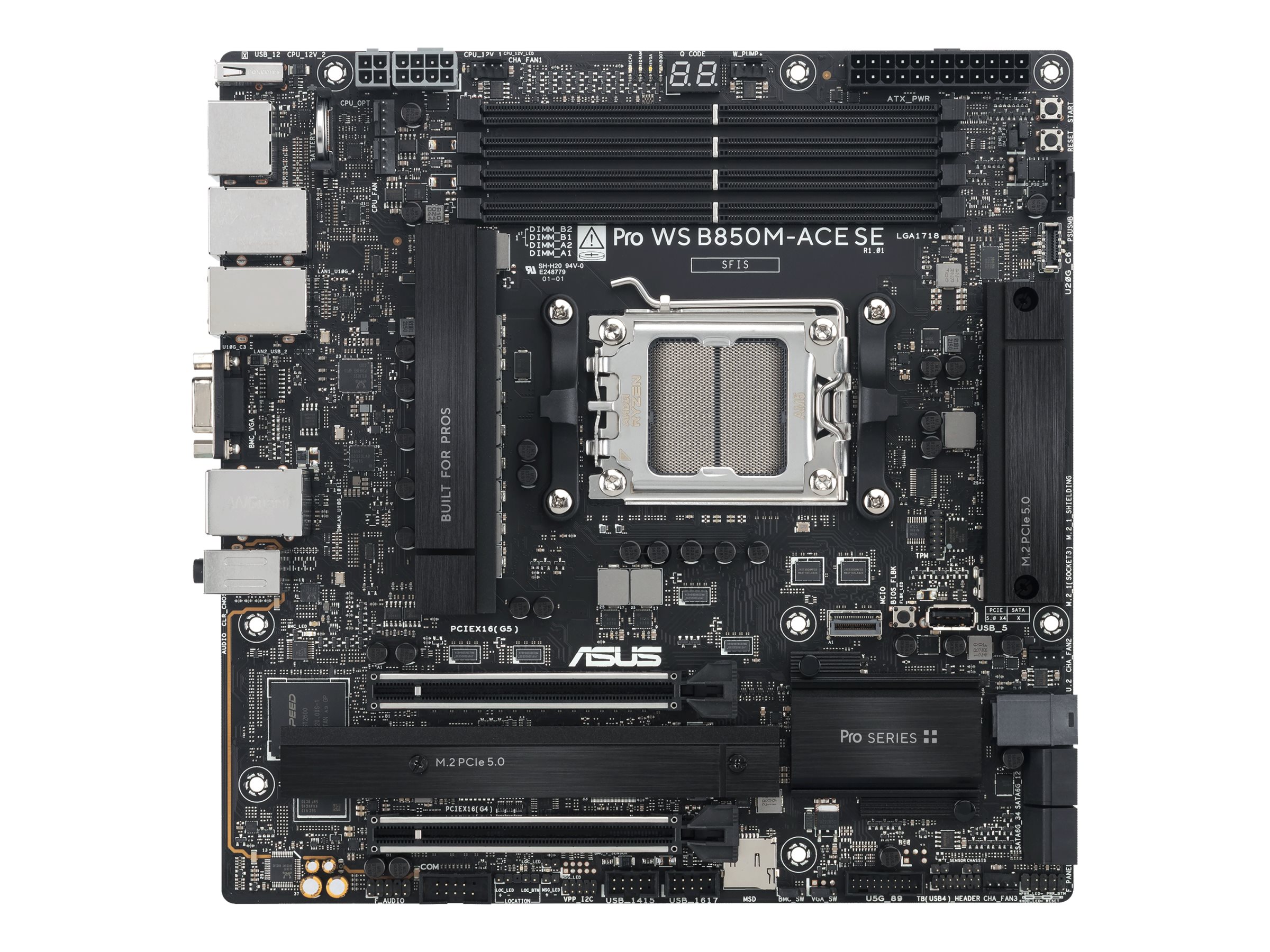 ASUS Pro WS B850M-ACE SE - Motherboard - micro ATX - Socket AM5 - AMD B850 Chipsatz - USB-C 3.2 Gen2, USB 3.2 Gen 2, USB-C 3.2 Gen 2x2, USB4 - 10 Gigabit LAN - Onboard-Grafik - HD Audio (8-Kanal)