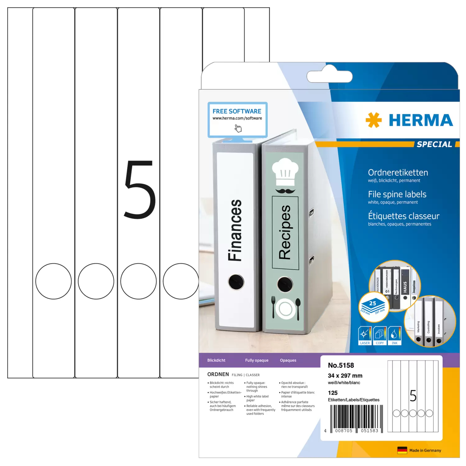 HERMA Special - Papier - matt - permanent selbstklebend - weiß - 34 x 297 mm 125 Etikett(en) (25 Bogen x 5), Ansicht 2