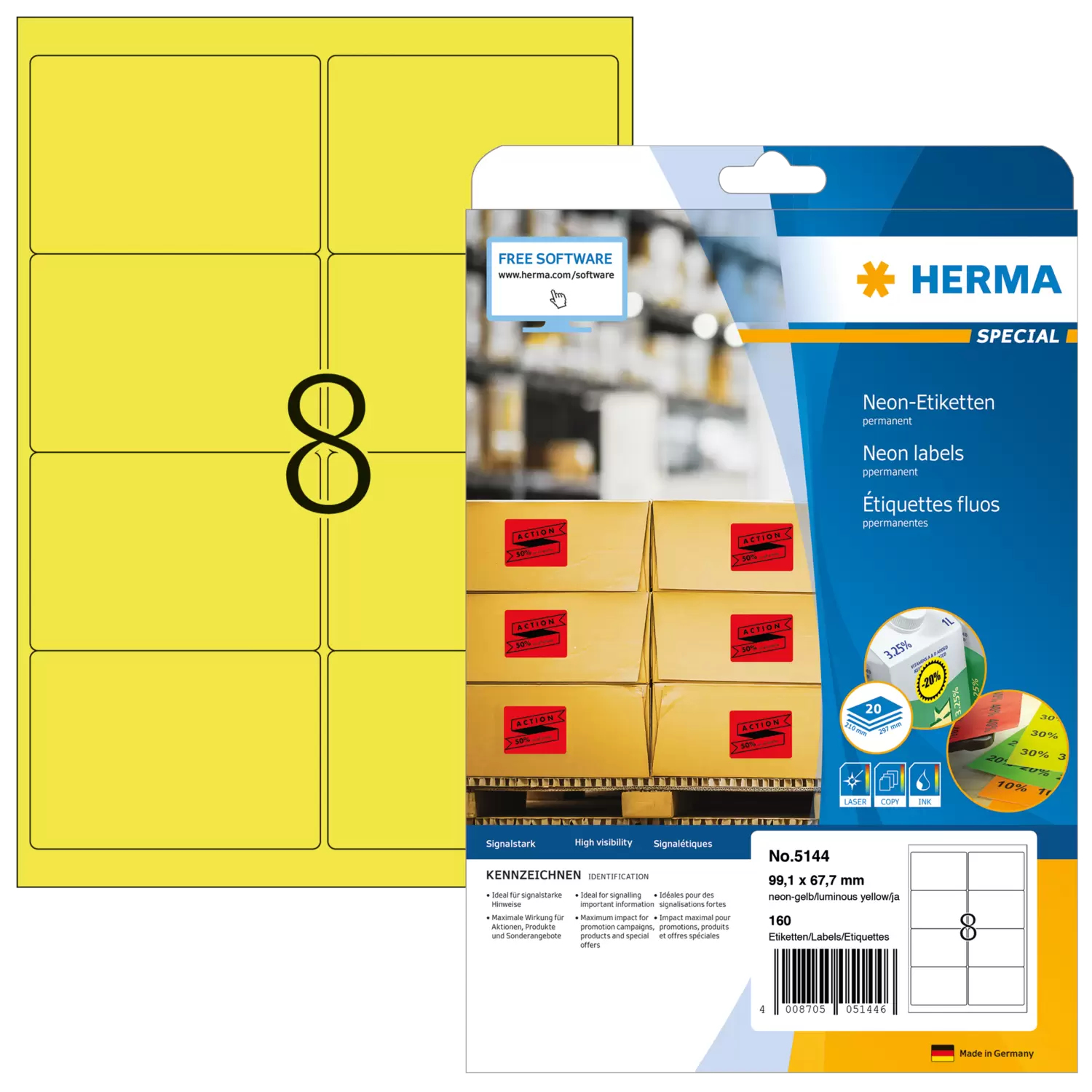 HERMA Special - Papier - matt - permanent selbstklebend - Leuchtendes Gelb - 99.1 x 67.7 mm 160 Etiketten, Ansicht 4