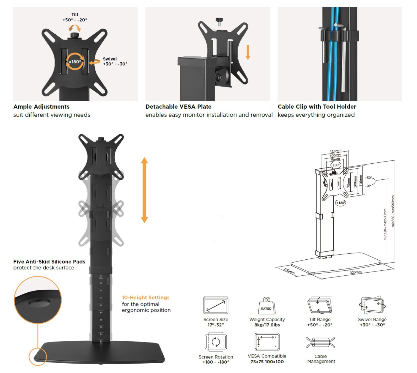 Equip Aufstellung - freistehend - für Flachbildschirm - Kunststoff, Metall - Schwarz - Bildschirmgröße: 43.2-81.3 cm, Ansicht 2