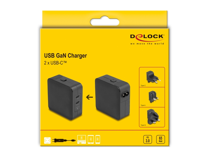 Delock USB GaN Ladegerät 2 x Type-C PD 3.0 mit 65 W inklusive Strom-Adapter für EU US, Ansicht 4