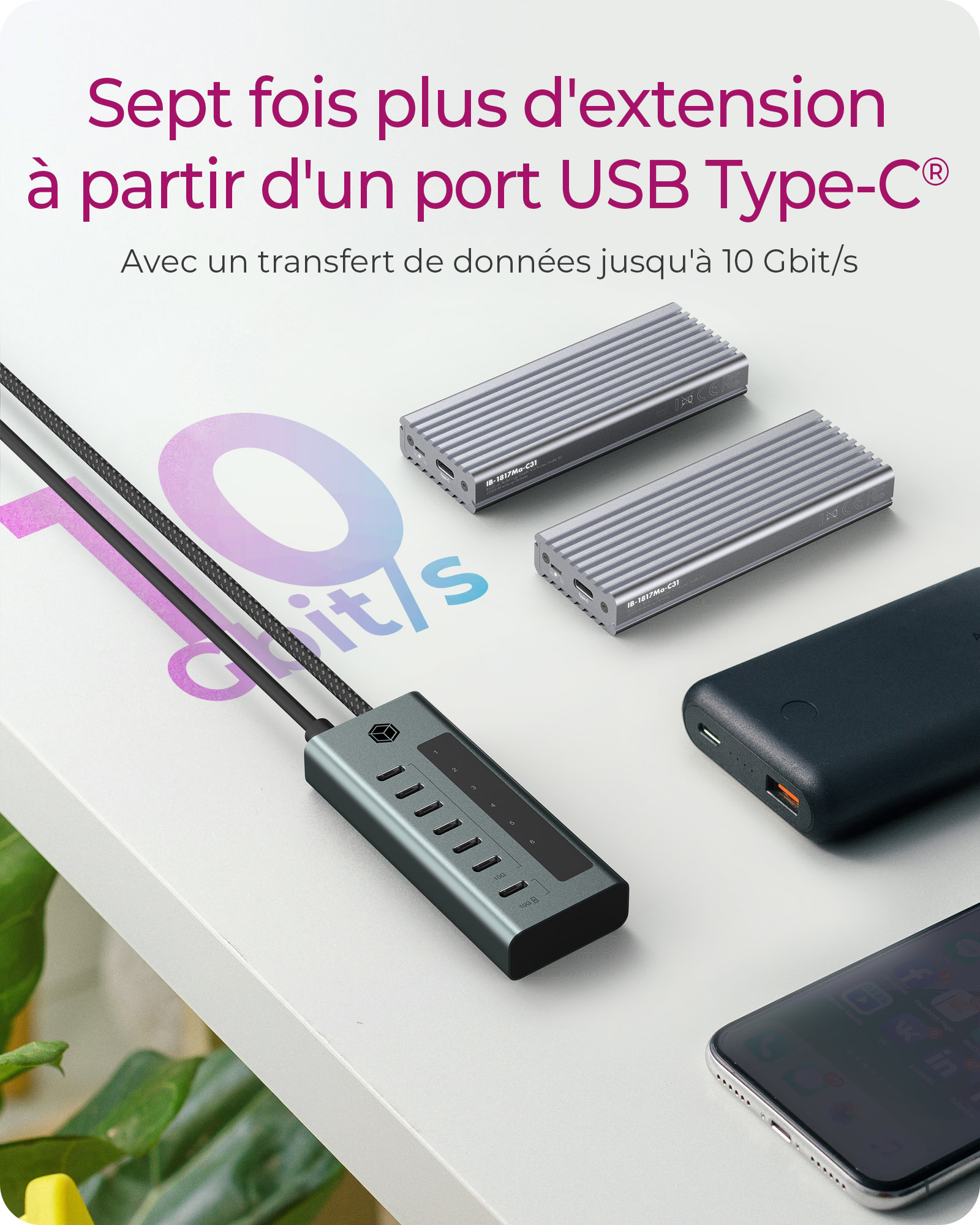 ICY BOX IB-HUB1457-C31 - Hub - Typ-C-Schnittstelle - 6 x USB-C 3.2 Gen 2 + 1 x USB-C 3.2 Gen 2 (Stromversorgung), Ansicht 4
