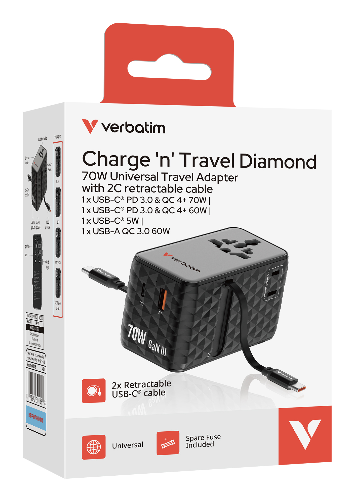 Verbatim Charge'n' Travel 70W 2C retractable Universal, Ansicht 3