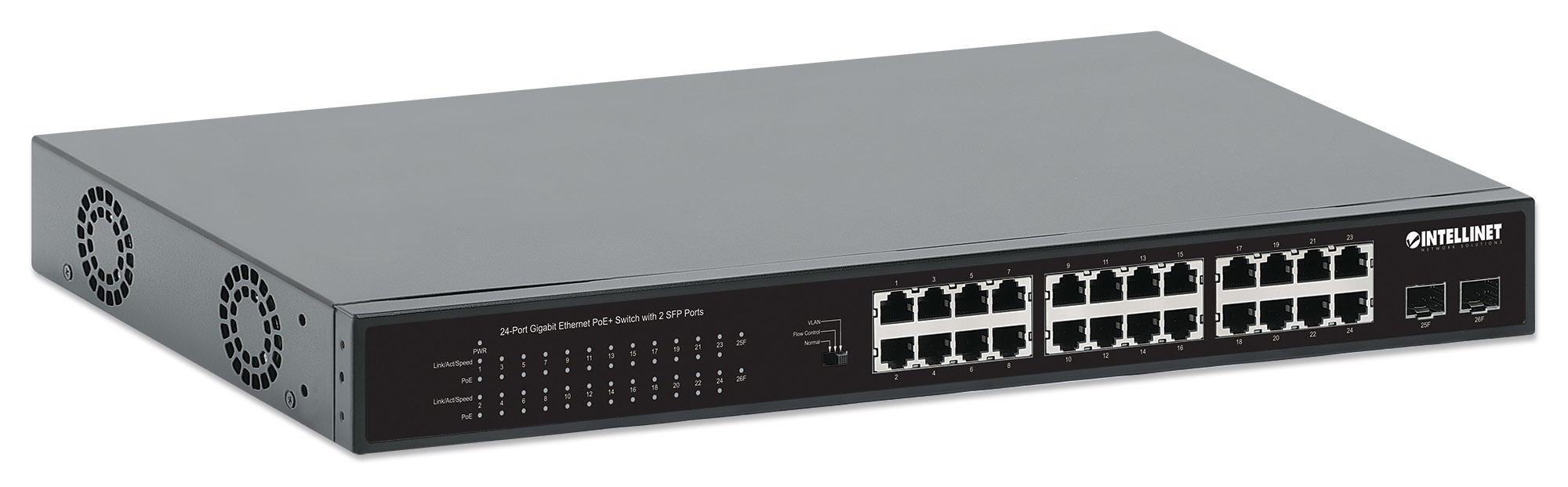Intellinet 24-Port Gigabit Ethernet PoE+ Switch mit 2 SFP-Ports PoE+/PoE-konform - Switch - 1 Gbps, Ansicht 3