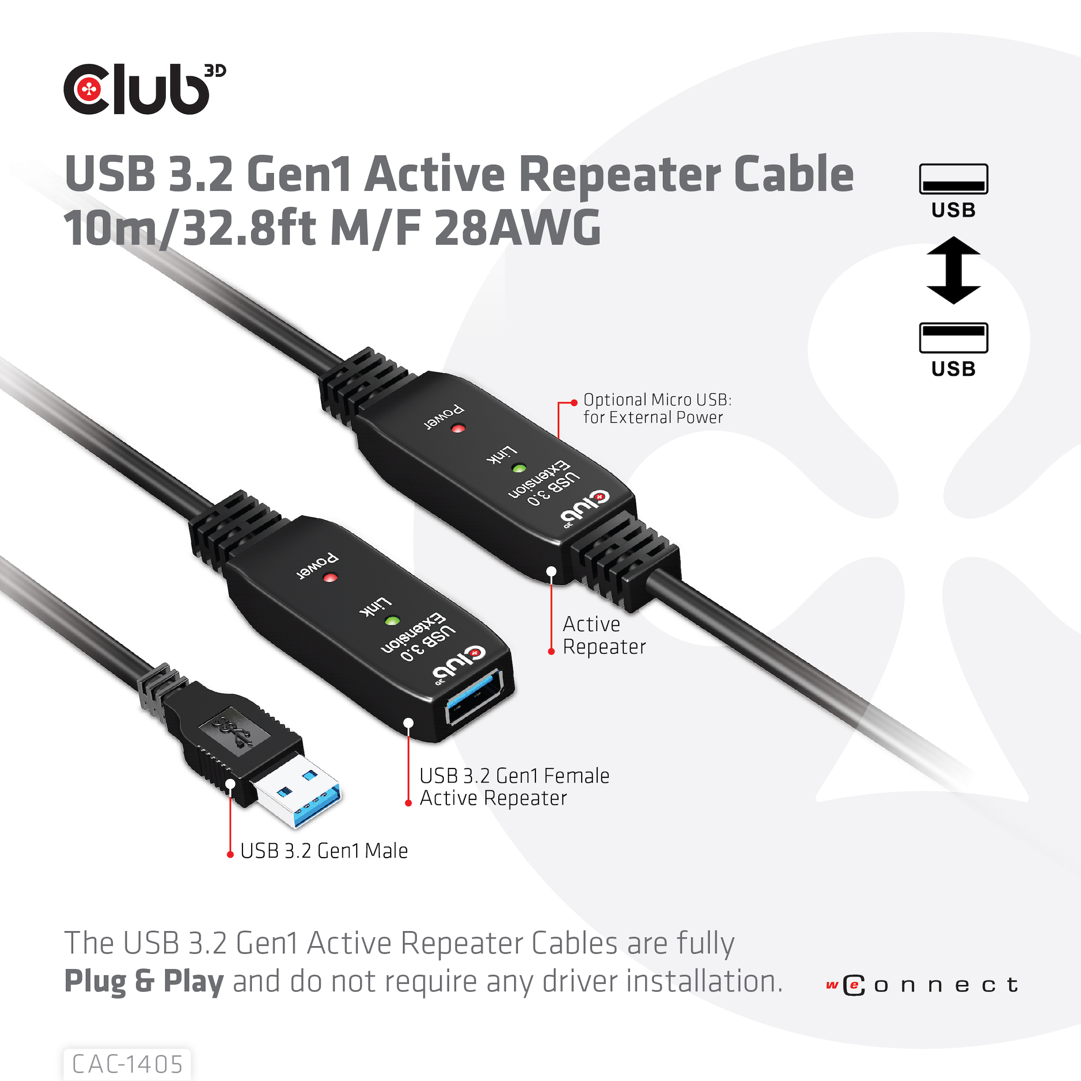 Club 3D USB-Verlängerungskabel - USB Typ A (M) - zu USB Typ A (W) - USB 3.2 Gen 1 - 10 m - aktiv, Ansicht 4