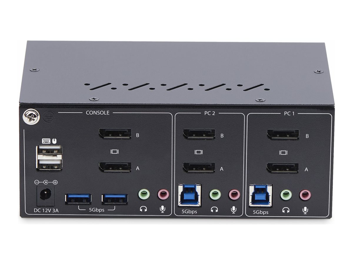 StarTech.com 2-Port Dual-Monitor DisplayPort KVM Switch 4K 60Hz 2x USB 5Gbps Hub Ports 2x USB 2.0 HID Ports Hotkey and Push-Button Switching TAA Compliant - ESD Level 3 Protection (P2DD46A2-KVM-SWITCH)
