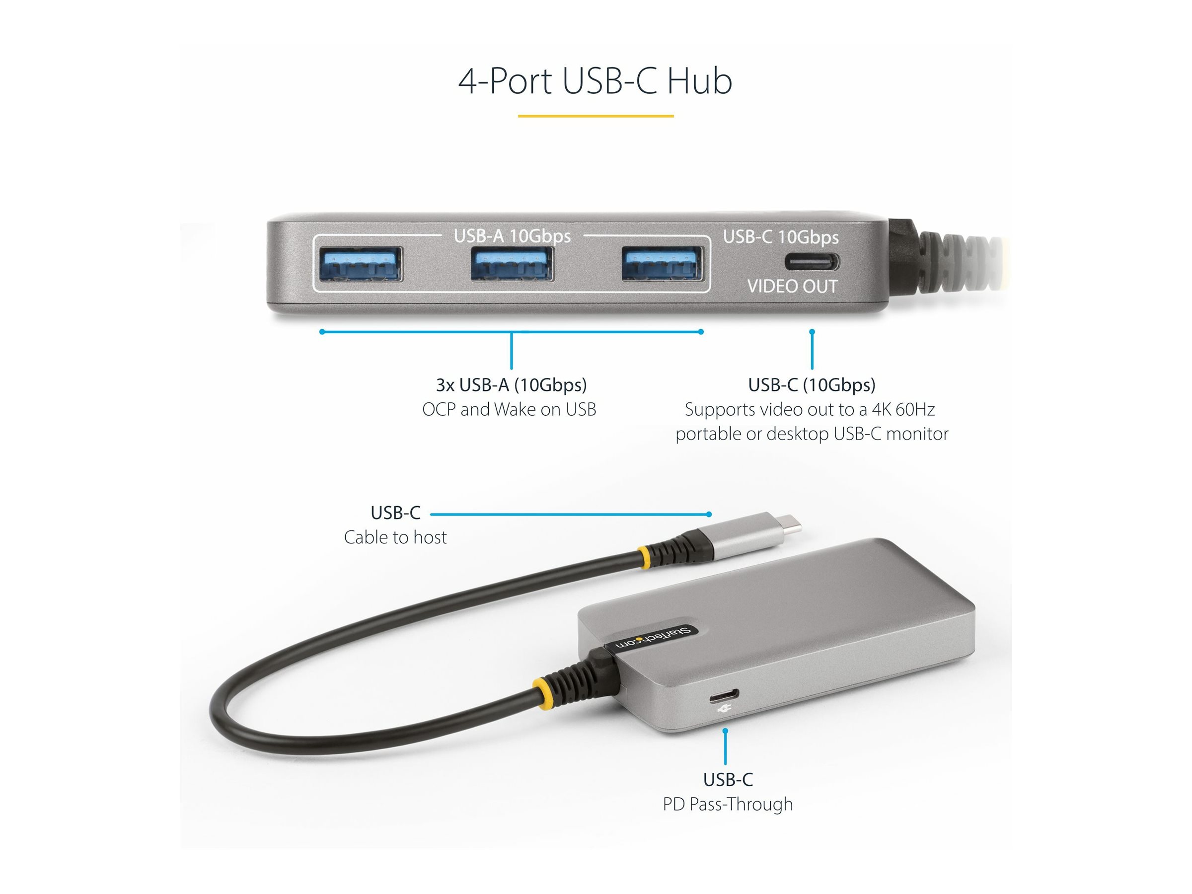 StarTech.com 4-Port USB-C Hub with USB-C DP Alt Mode Video Output 4K 60Hz, 3x USB-A, 1x USB-C, 100W Power Delivery Pass, Ansicht 3