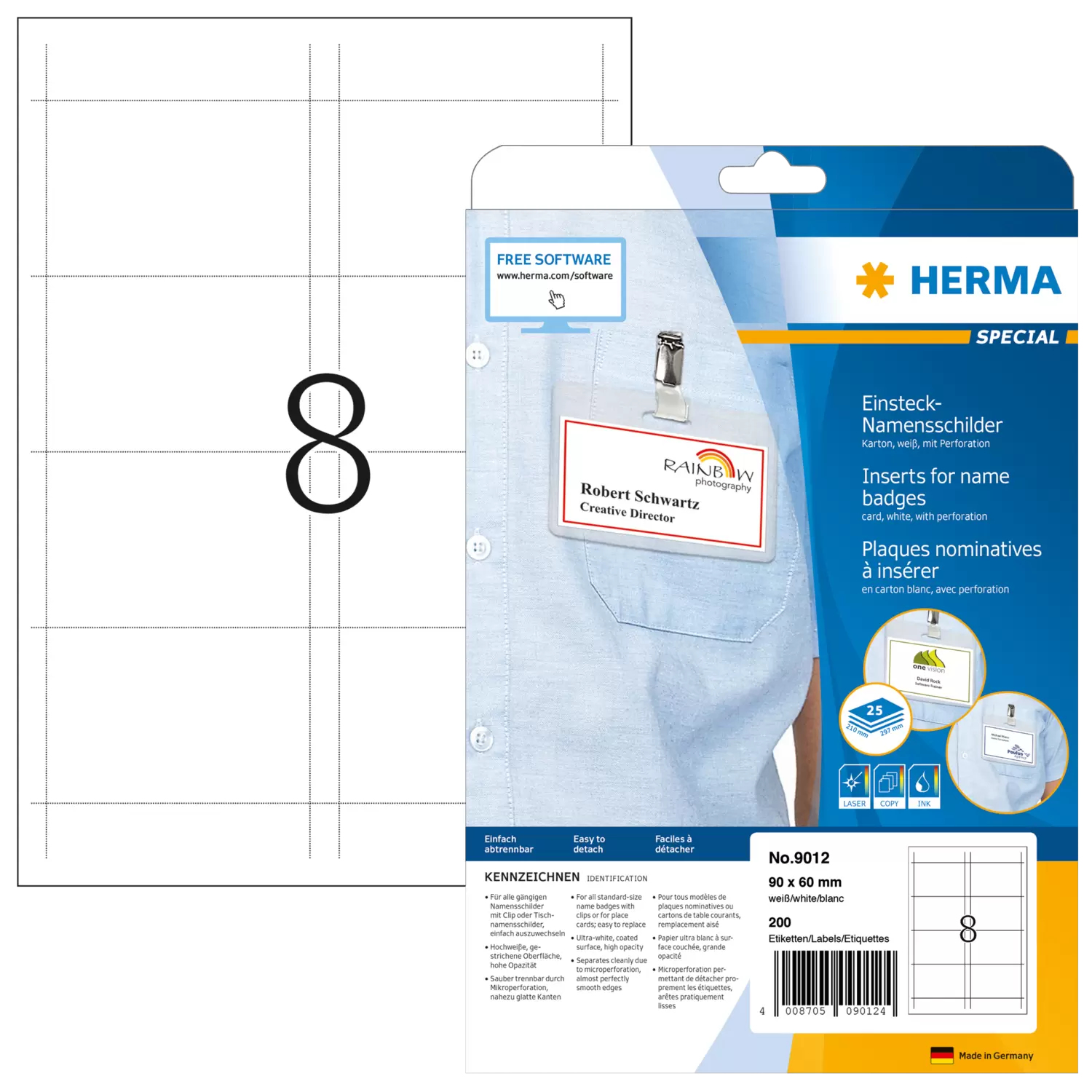 HERMA Special - Nicht klebend - perforiert - weiß - 90 x 60 mm 200 Karte(n) (25 Bogen x 8), Ansicht 4