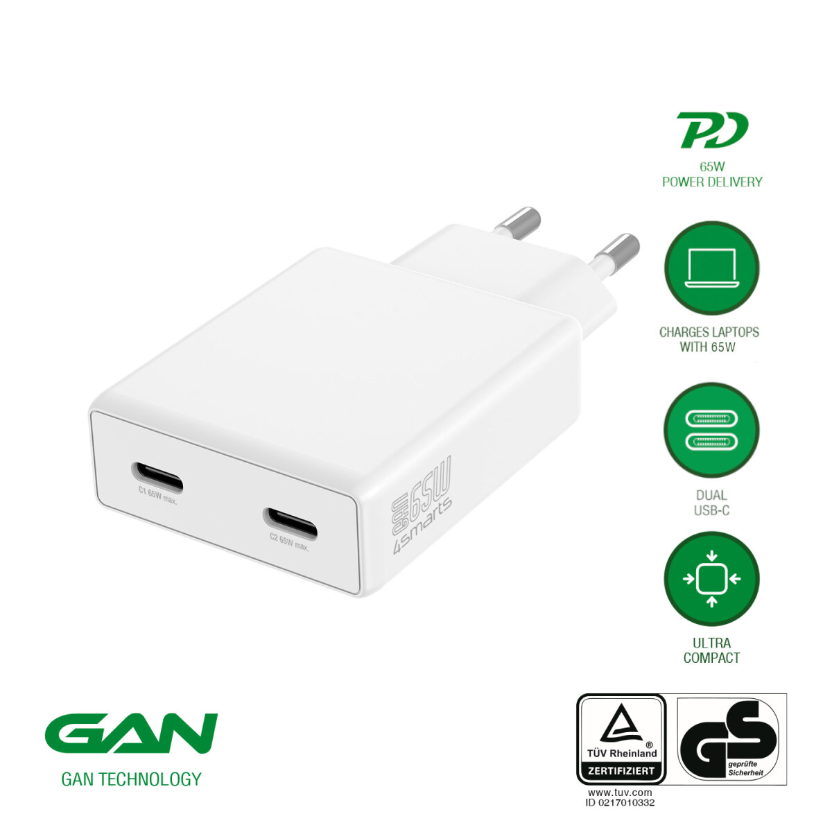 4smarts Netzladegerät PDPlug Slim Dual 65W GaN 2C weiß, Ansicht 2