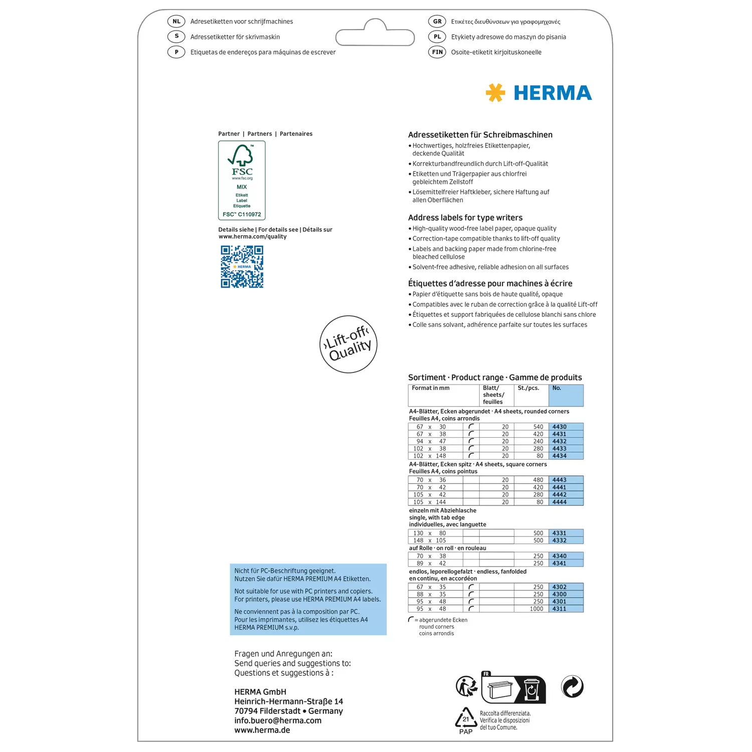 HERMA Adressetiketten für Schreibmaschinen A4 70x42 mm Papier matt Ecken spitz 420 St. - Weiß - Matte - 7 cm - 4,2 cm, Ansicht 2