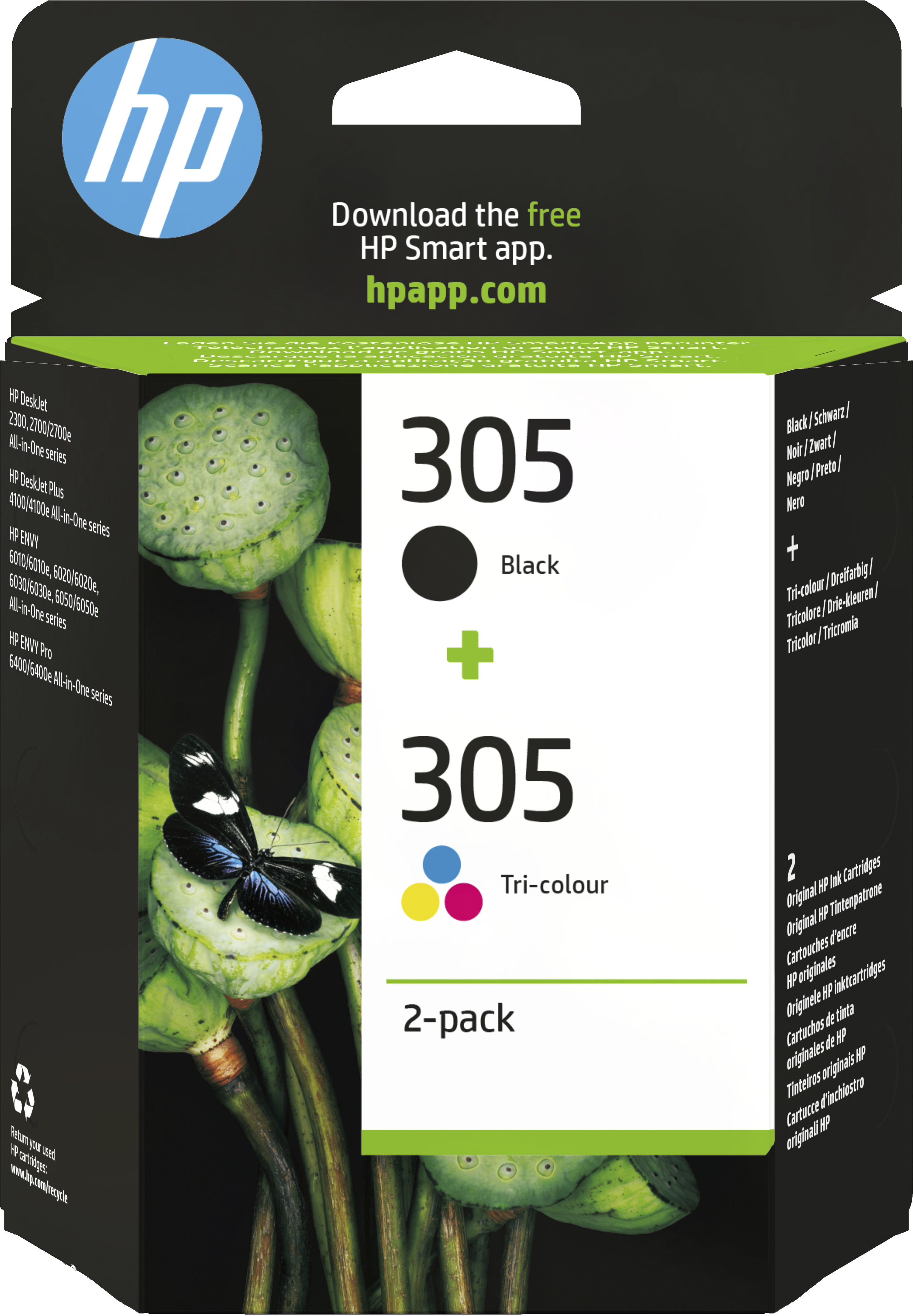 HP 305 2er-Pack Cyan/Magenta/Gelb/Schwarz Original Druckerpatrone, Standardertrag, Schwarz, Cyan, Magenta, Gelb, Tinte auf Farbstoffbasis, Tinte auf Pigmentbasis, 2 Stück(e), Doppelpack