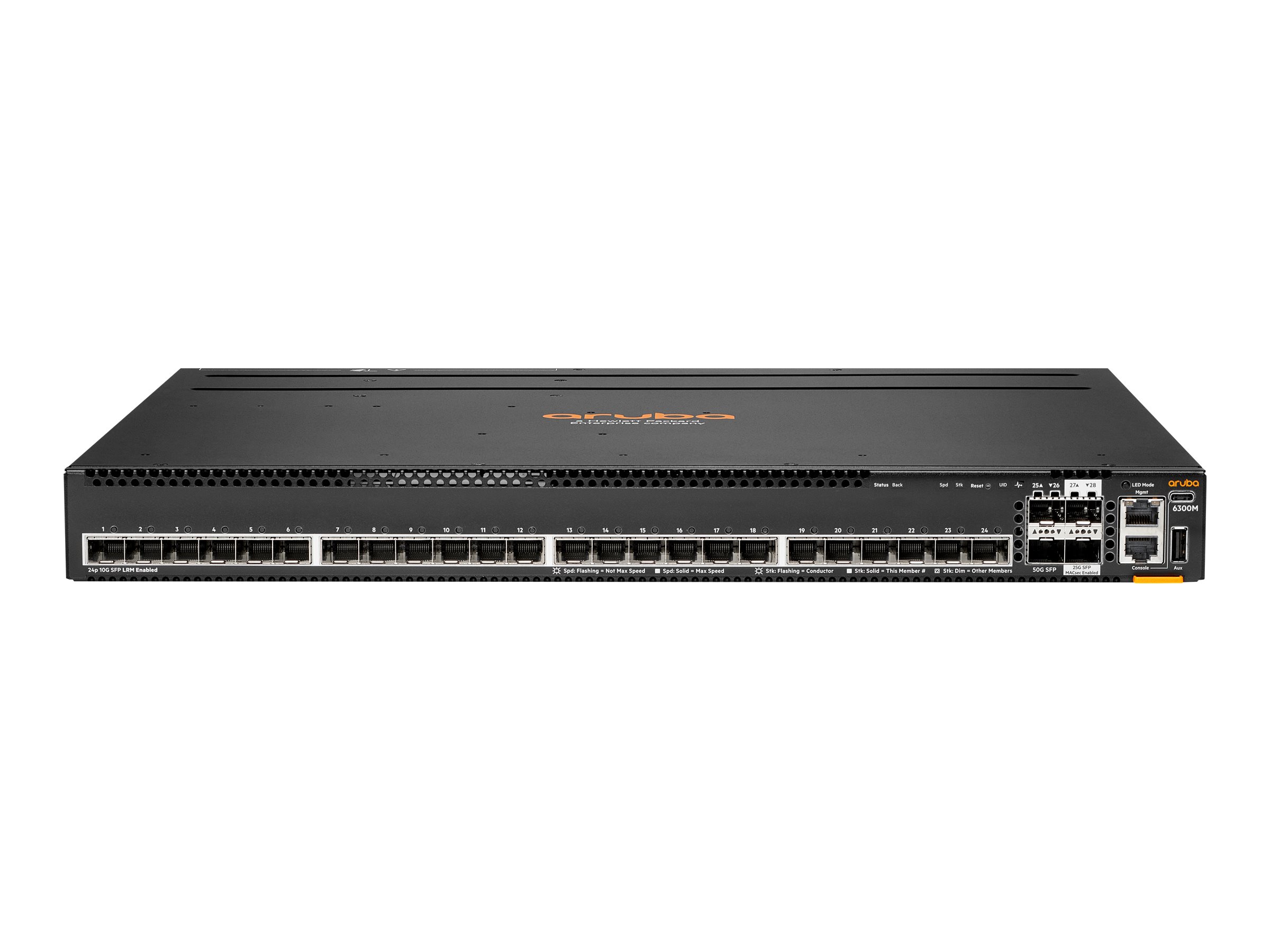 HPE Aruba 6300M 24p SFP+ LRM support and 2p 50G and 2p 25G MACsec Switch - Switch - L3 - managed - 24 x 1 Gigabit / 10 Gigabit SFP+ + 2 x 1 Gigabit / 10 Gigabit / 25 Gigabit / 50 Gigabit SFP56 (Uplink / Stacking)