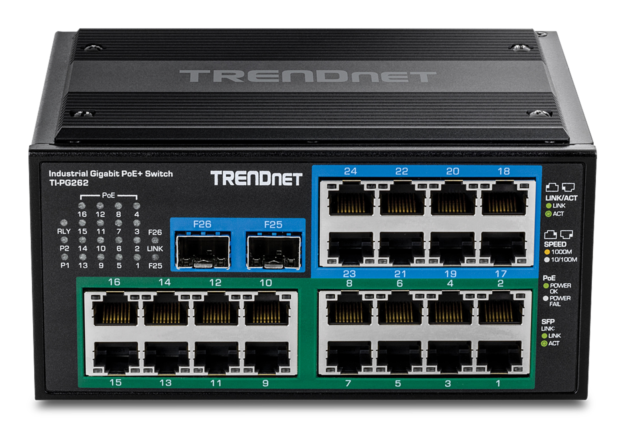 TRENDnet 26-Port Hardened Industrial Gigabit PoE+ DIN-Rail Switch, Ansicht 4
