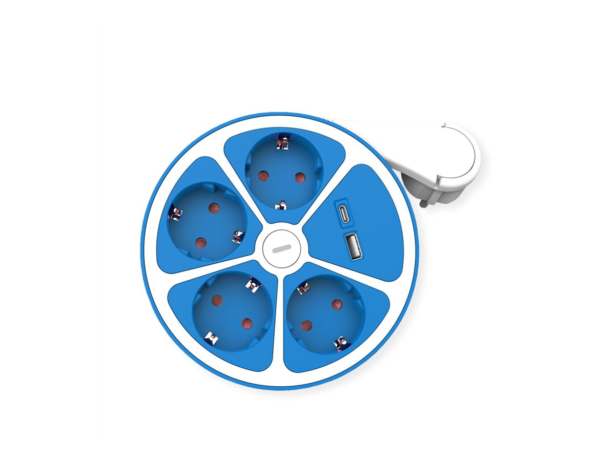 ROLINE Tischsteckdosenleiste 4x+Sw. USB-A+C CEE7/7 Blau 1.5m - Steckdosenleiste, Ansicht 3
