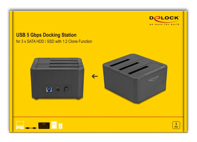Delock HDD / SSD Dockingstation - 1:2 clone function Schächte: 3 - 2,5 / 3,5 gemeinsam genutzt (6,4 cm/8,9 cm), Ansicht 2
