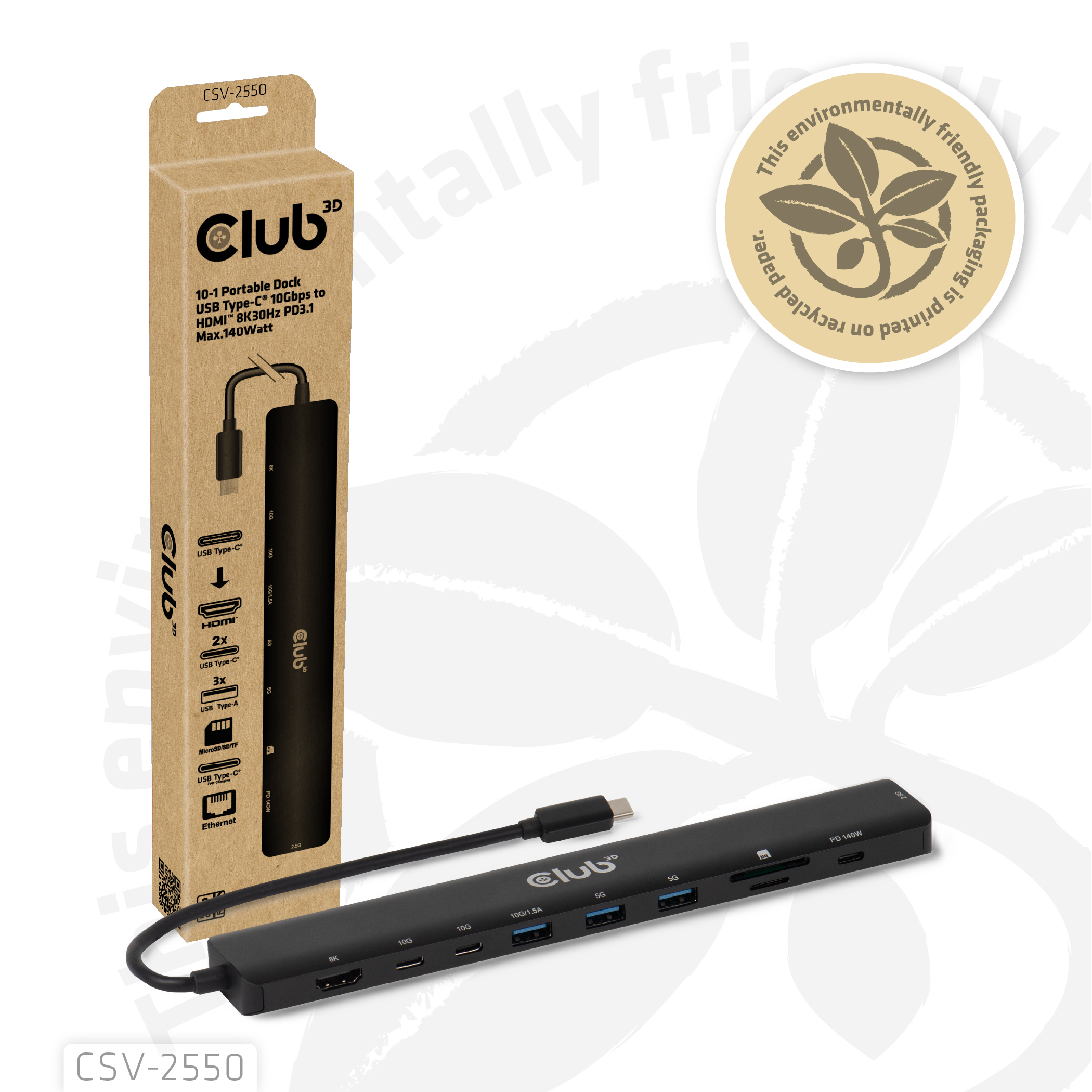 Club 3D Tragbare Docking USB-C ->2xUSB-C/3xUSB-A/HDMI/SD 140W retail, Ansicht 4