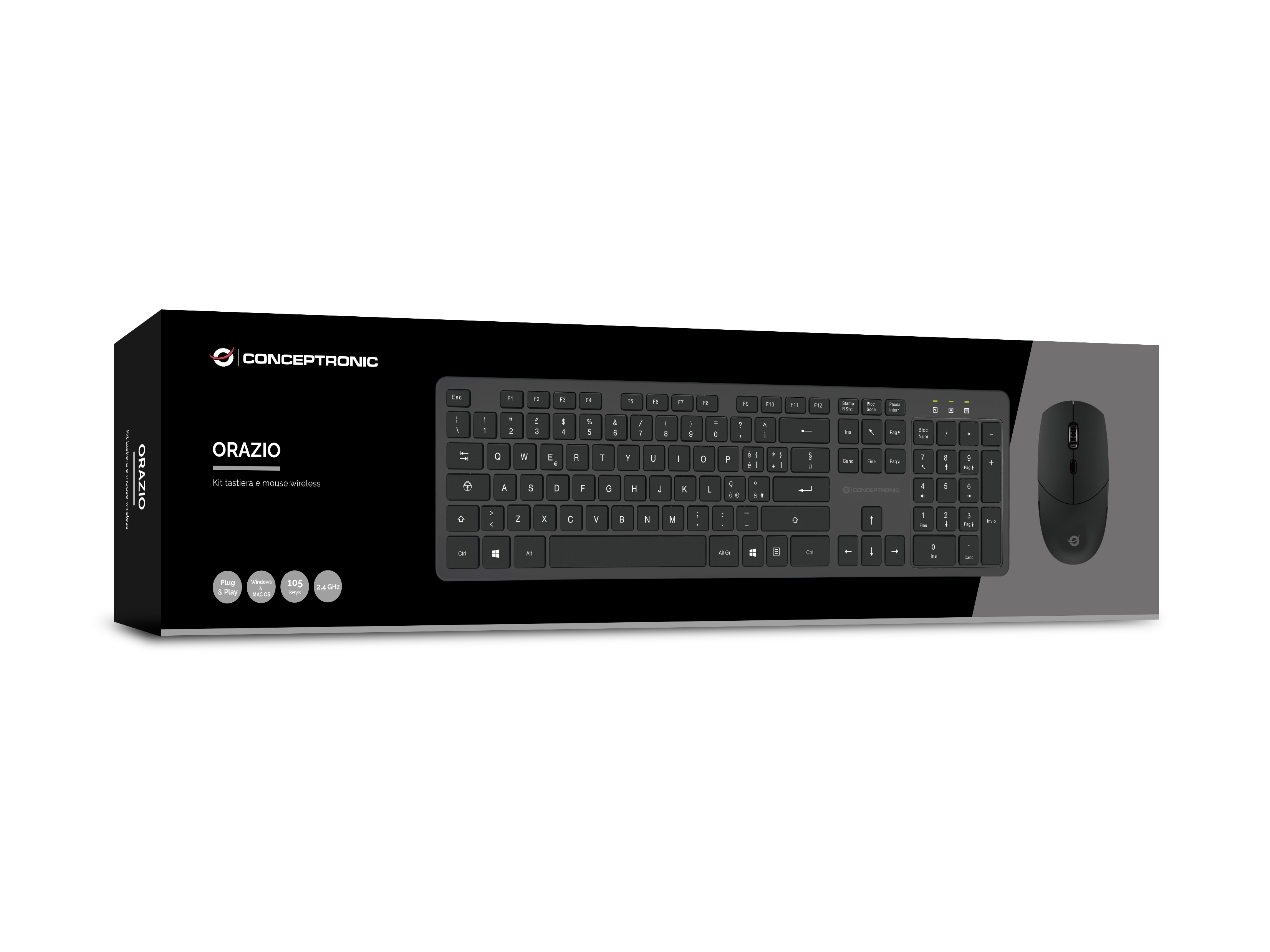 Conceptronic ORAZIO - Tastatur-und-Maus-Set - kabellos - 2.4 GHz - Schwarz - TL: Italienisch, QWERTY, Ansicht 4
