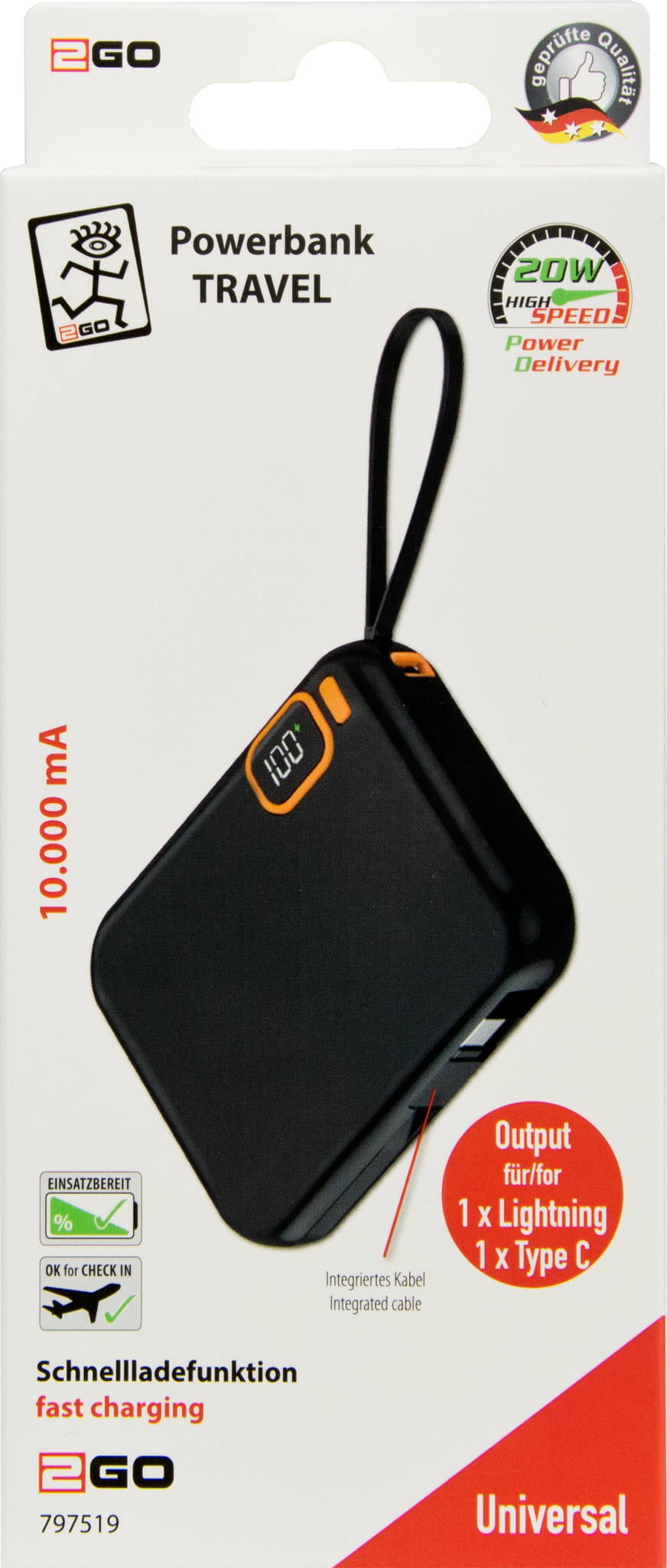 2GO Powerbank Travel 10000mAh USB-C - Batterie - 10.000 mAh, Ansicht 2