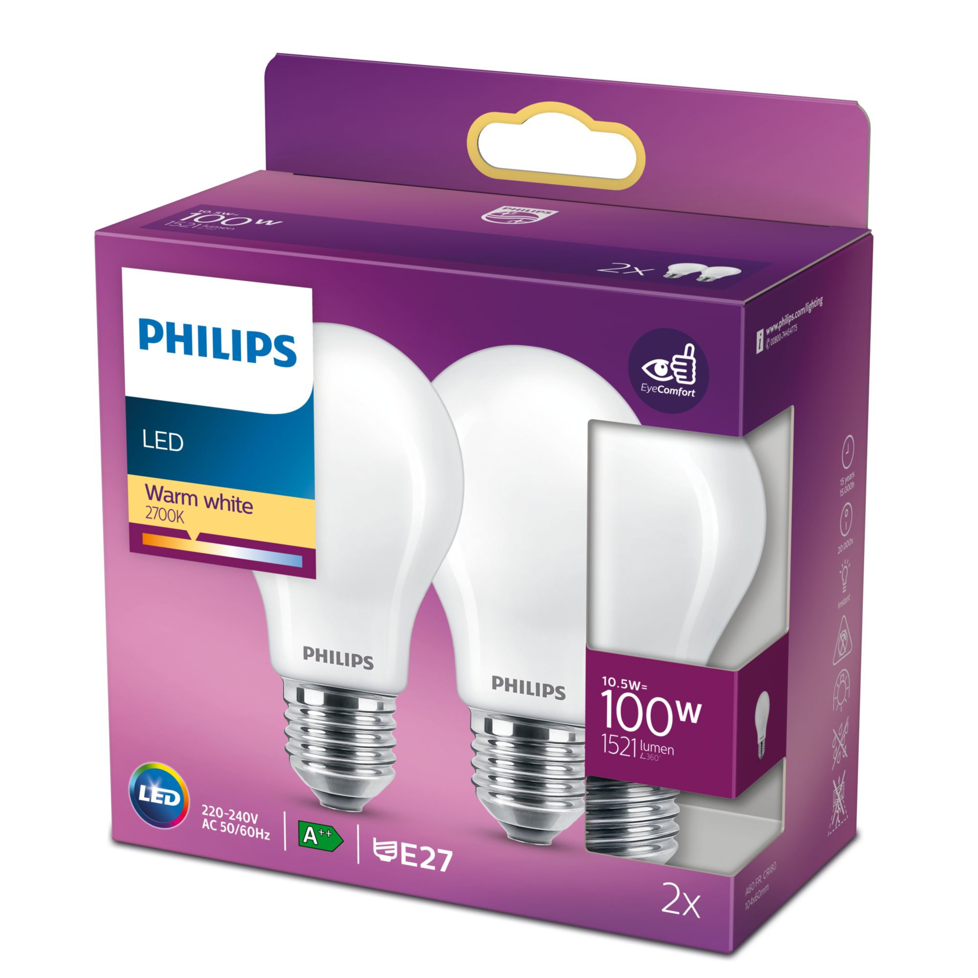 Philips Filament-Lampe Milchglas 100W A60 E27 x2 - 10,5 W - 1000 W - E27 - 1521 lm - 15000 h - Warmweiß, Ansicht 2