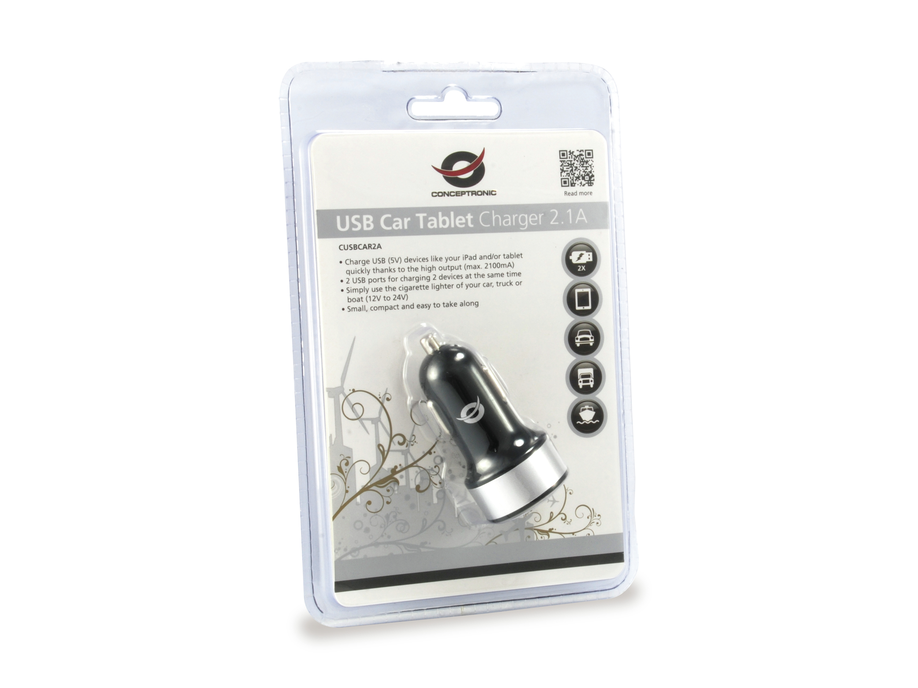 Conceptronic CUSBCAR2A USB Car Tablet Charger 2A - Auto-Netzteil - 2000 mA - 2 Ausgabeanschlussstellen (USB), Ansicht 3