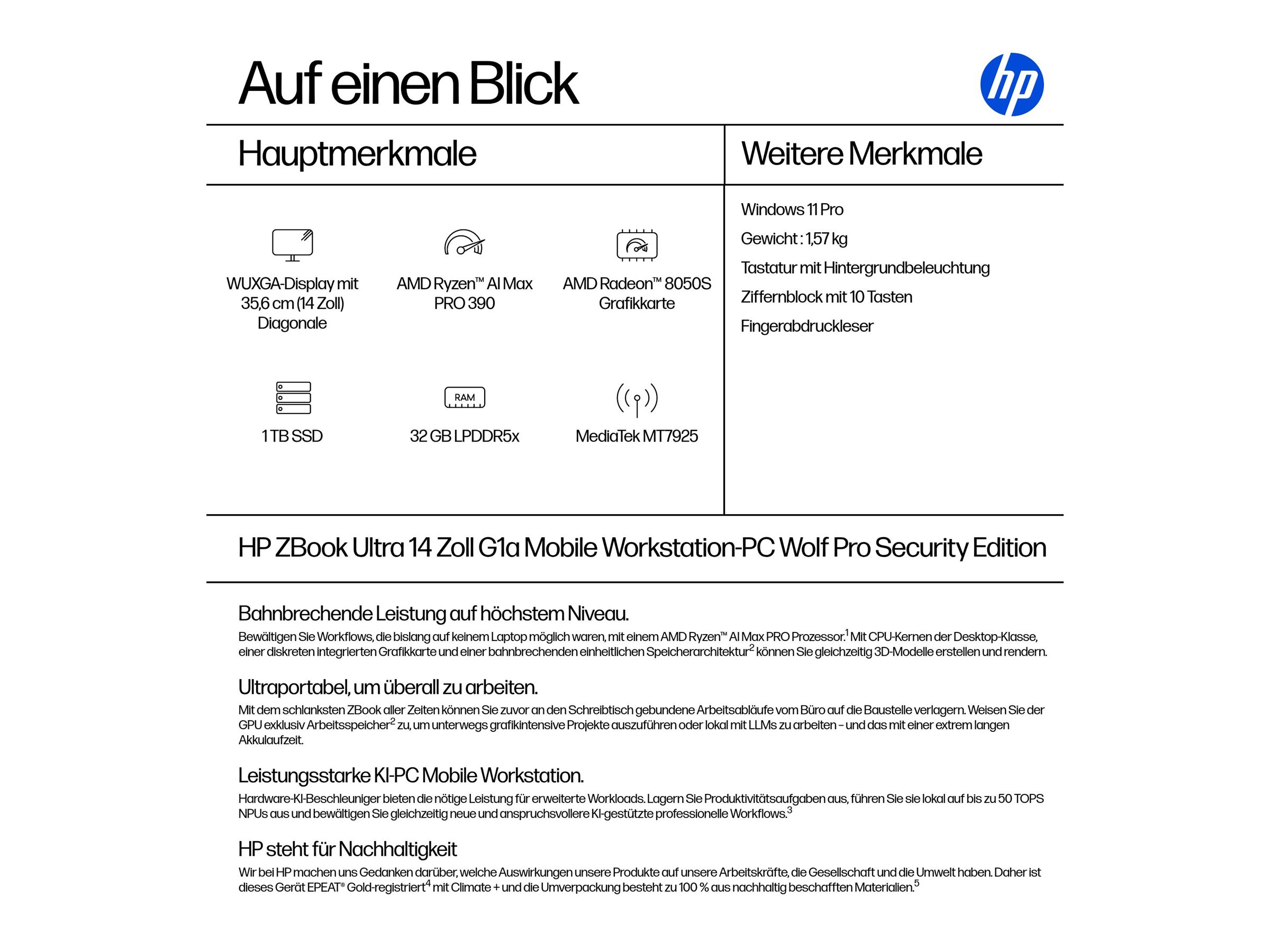 HP ZBook Ultra G1a Mobile Workstation - AMD Ryzen AI Max Pro 390 - Win 11 Pro - Radeon 8050S - 32 GB RAM - 1 TB SSD NVMe, TLC - 35.6 cm (14")