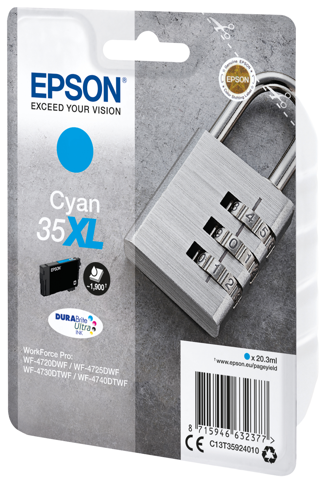 Epson Padlock Singlepack Cyan 35XL DURABrite Ultra Ink - Hohe (XL-) Ausbeute - 20,3 ml - 1900 Seiten - 1 Stück(e)