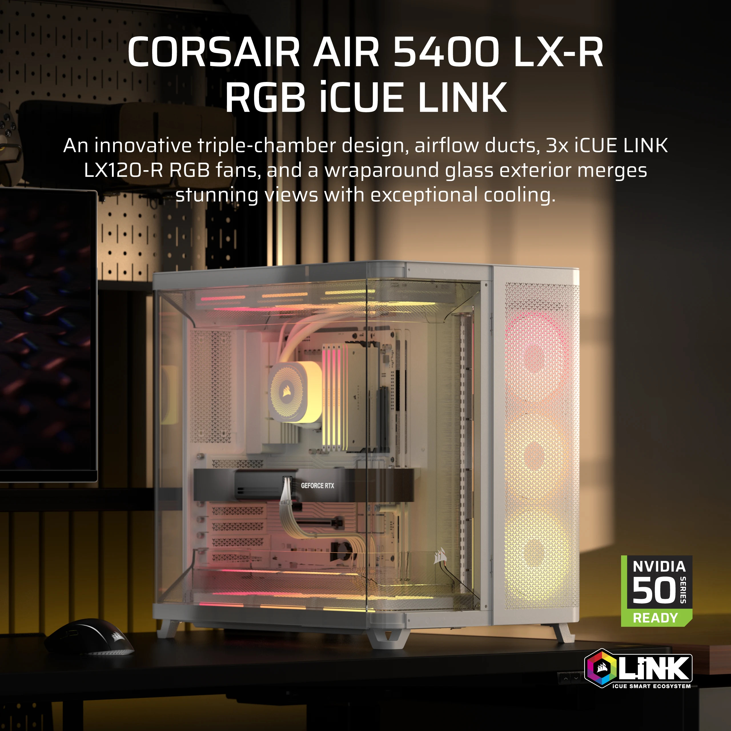 Corsair Geh Midi Air 5400 LX-R LINK Tempered Glass White - Tower - ATX, Ansicht 2