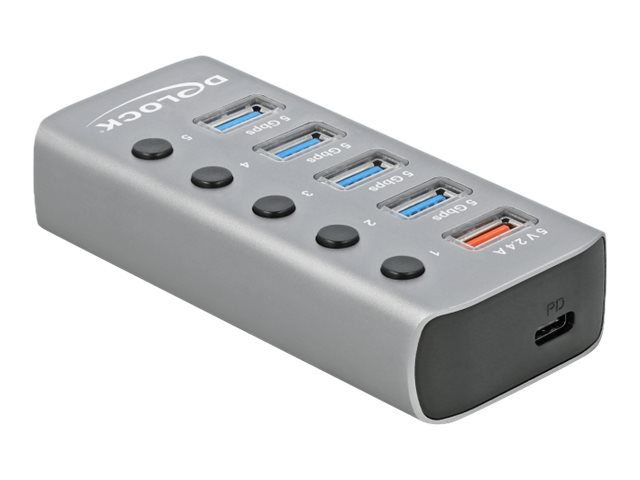 Delock USB 3.2 Gen 1 Hub mit 4 Ports + 1 Schnellladeport + 1 USB-C PD 3.0 Port mit Schalter und Beleuchtung