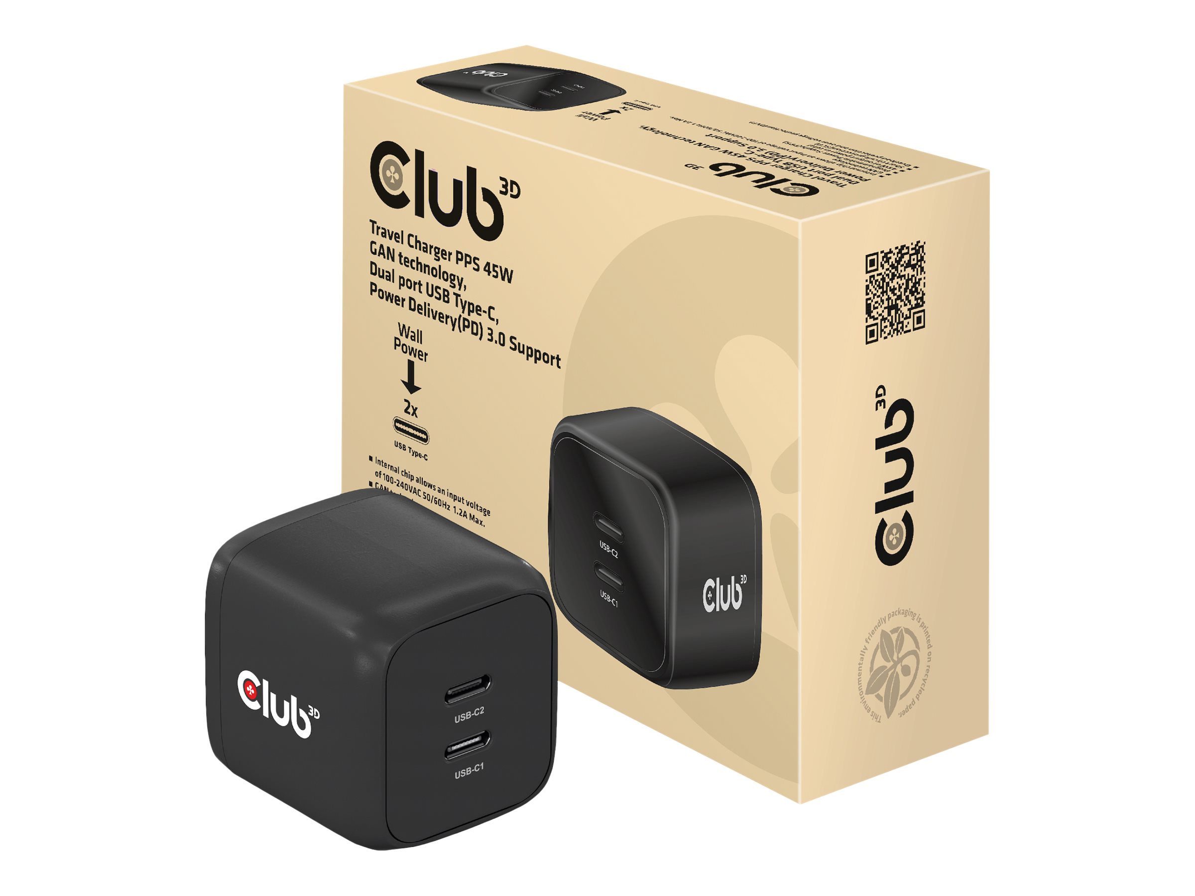 Club 3D Reiseladegerät 2xUSB Typ C, PD 45W retail (CAC-1909EU)