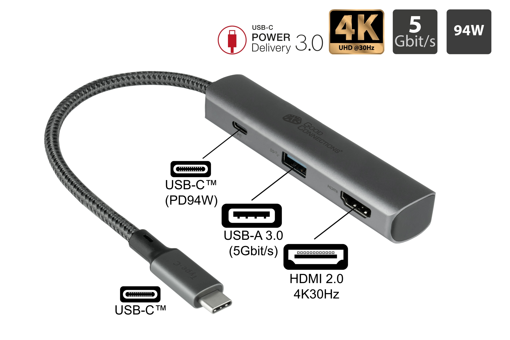 Good Connections USB-C -Hub 3-Port 1x HDMI 2.0 PD 94W USB 3.0 A anthrazit Good, Ansicht 2