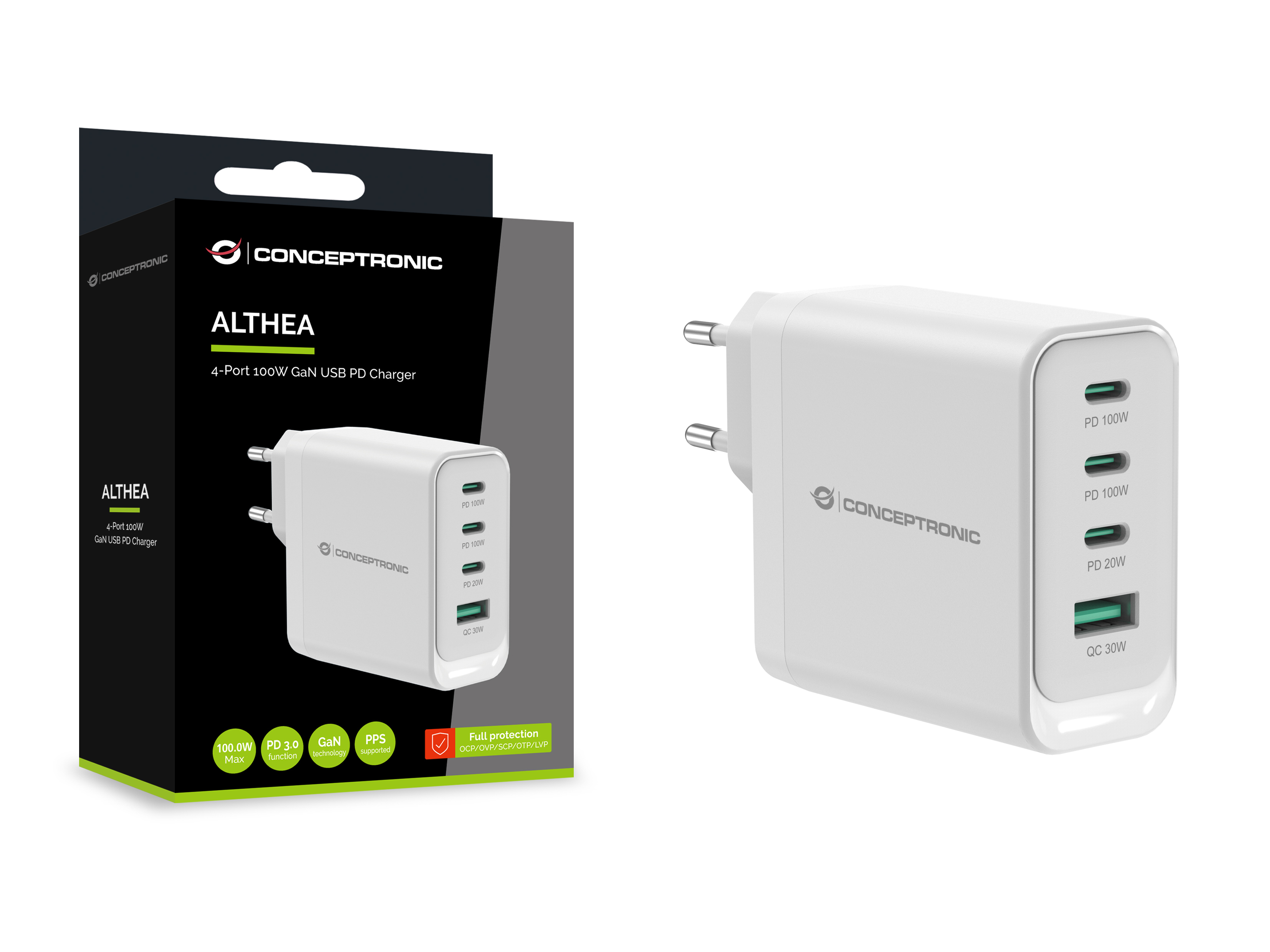 Conceptronic CARICATORE USB PD GaN a 4P da 100 W ALTHEA22W100 USB-C x 3 USB-a 1, Ansicht 4