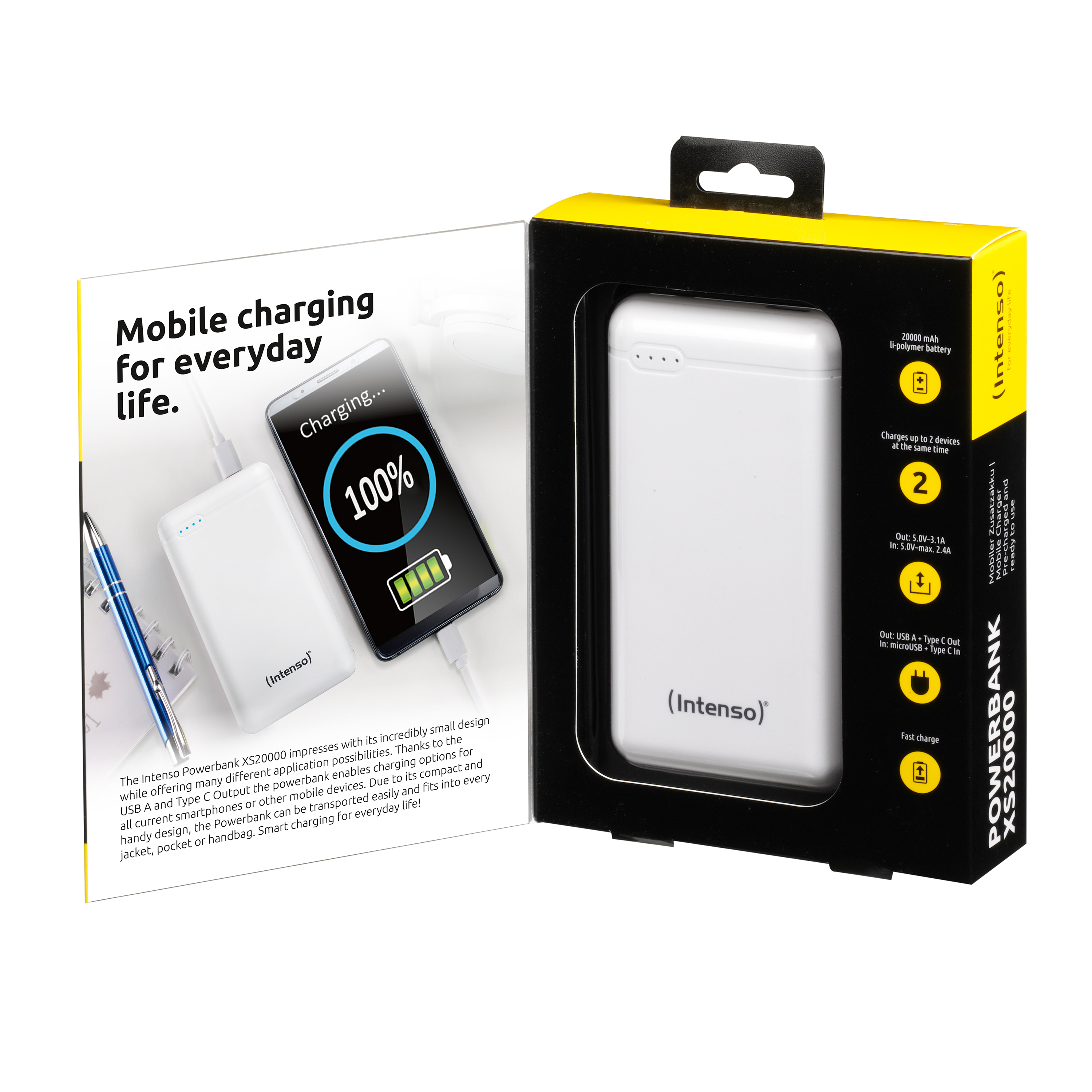 Intenso XS20000 - Powerbank - 20000 mAh - 3.1 A - 2 Ausgabeanschlussstellen (USB, USB-C) - Weiß, Ansicht 3
