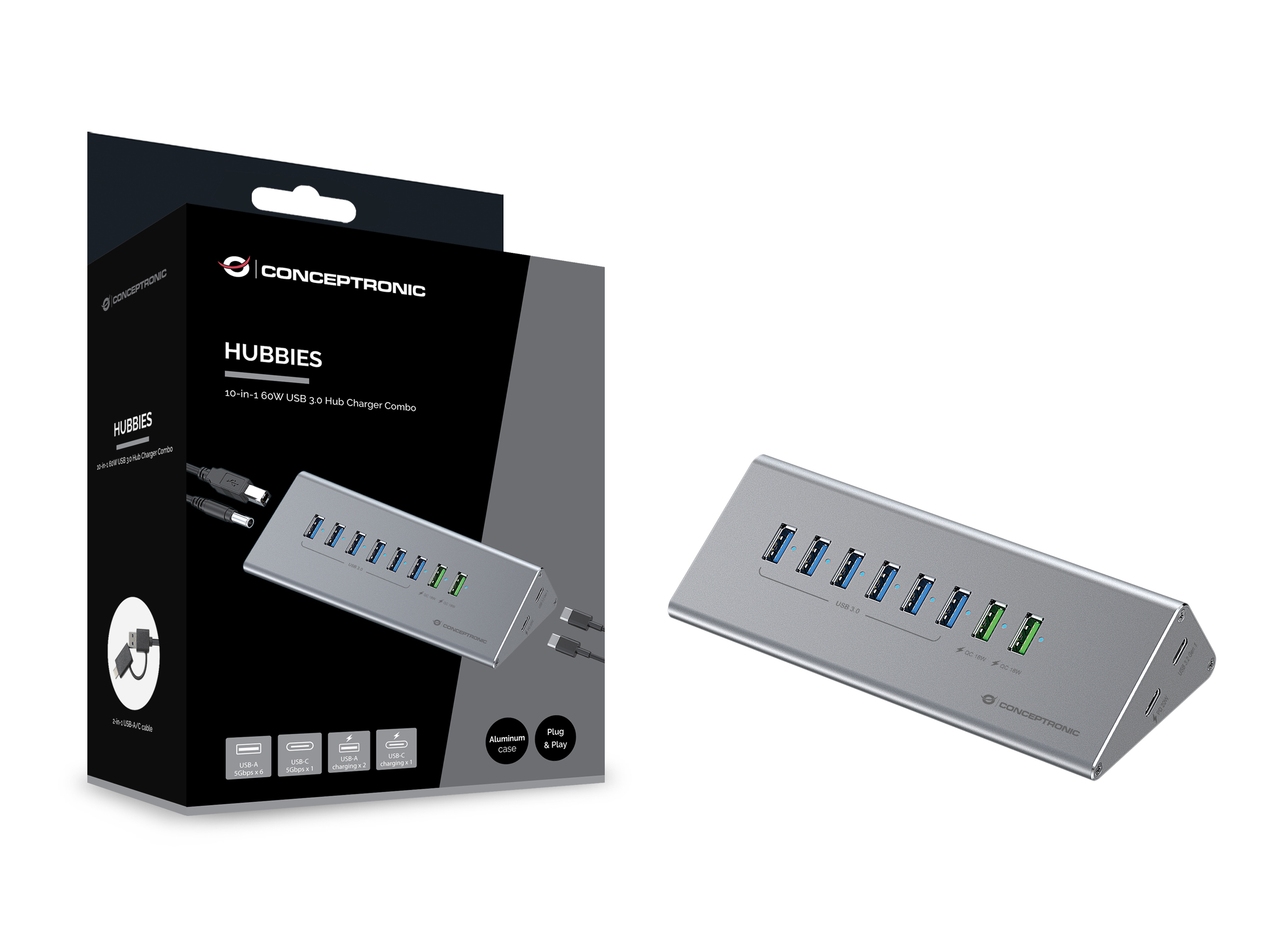 Conceptronic HUBBIES HUBBIES18G - Hub - 2-in-1 USB A/C cable, 60W, charger, PD 20W, QC 18W, Ansicht 3