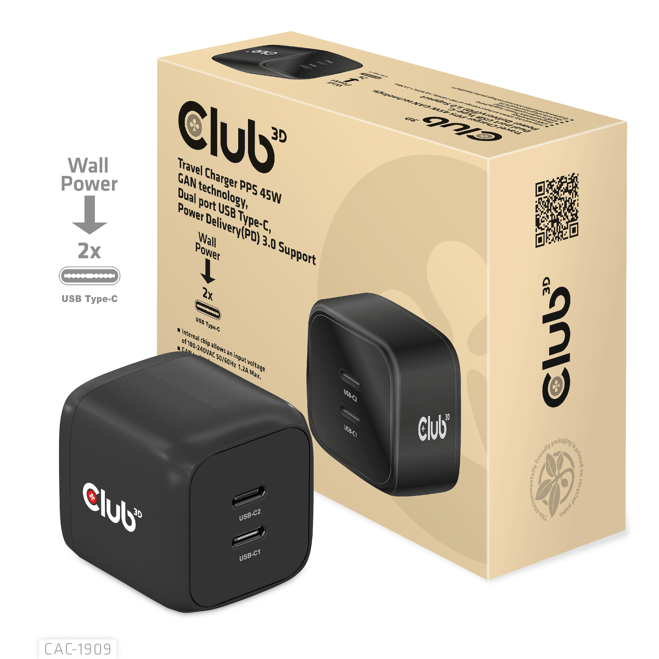 Club 3D CAC-1909 - Netzteil - PPS- und GaN-Technologie - 45 Watt - 3 A - PD 3.0 - 2 Ausgabeanschlussstellen (2 x USB-C), Ansicht 2